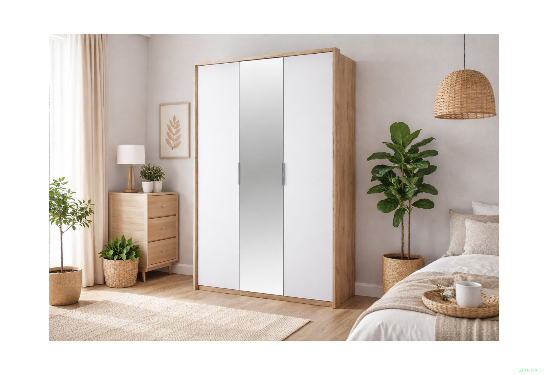 Зображення 2 - Шафа MiroMark Асті 3-дверна з дзеркалом 140 см Дуб крафт/Білий серія Н