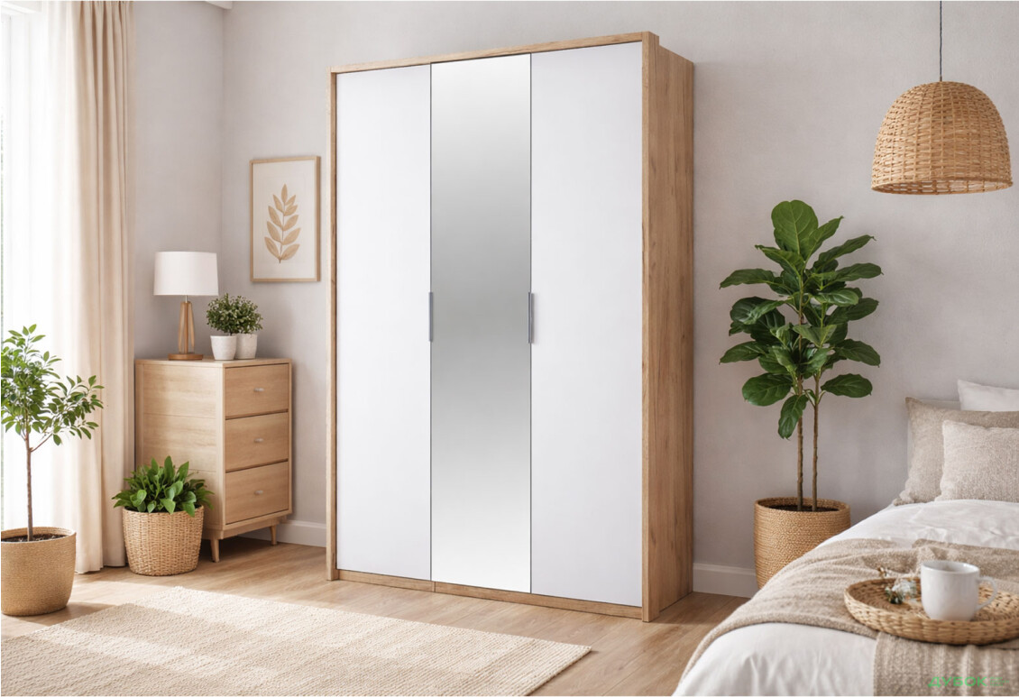 Зображення 2 - Шафа MiroMark Асті 3-дверна з дзеркалом 140 см Дуб крафт/Білий серія Н