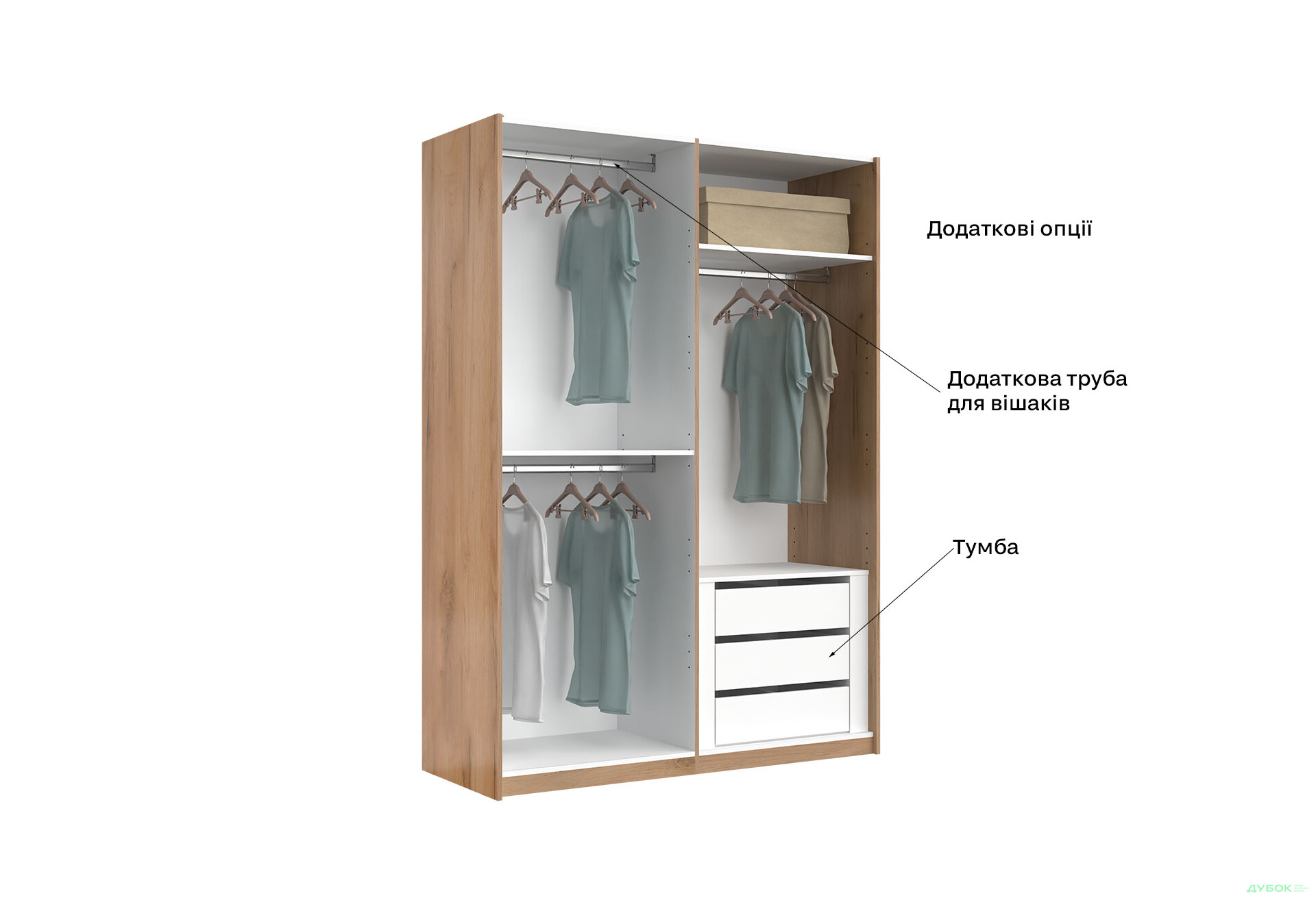 Зображення 8 - Шафа-купе MiroMark Асті 2-дверна 150х210 см фасади Дуб крафт/Білий серія Н