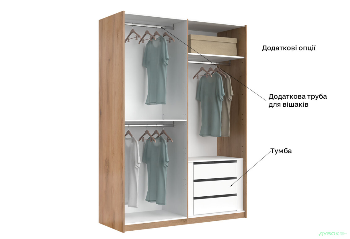 Зображення 8 - Шафа-купе MiroMark Асті 2-дверна 150х210 см фасади Дуб крафт/Білий серія Н