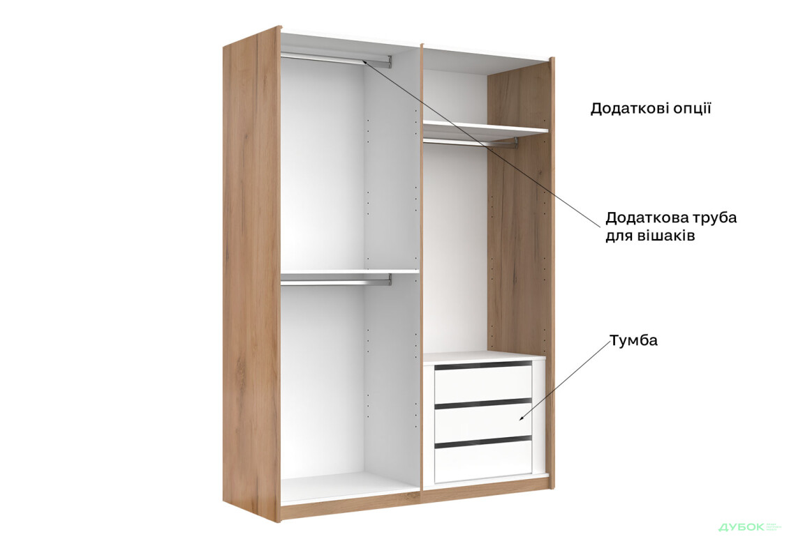 Зображення 9 - Шафа-купе MiroMark Асті 2-дверна 150х210 см фасади Дуб крафт/Білий серія Н