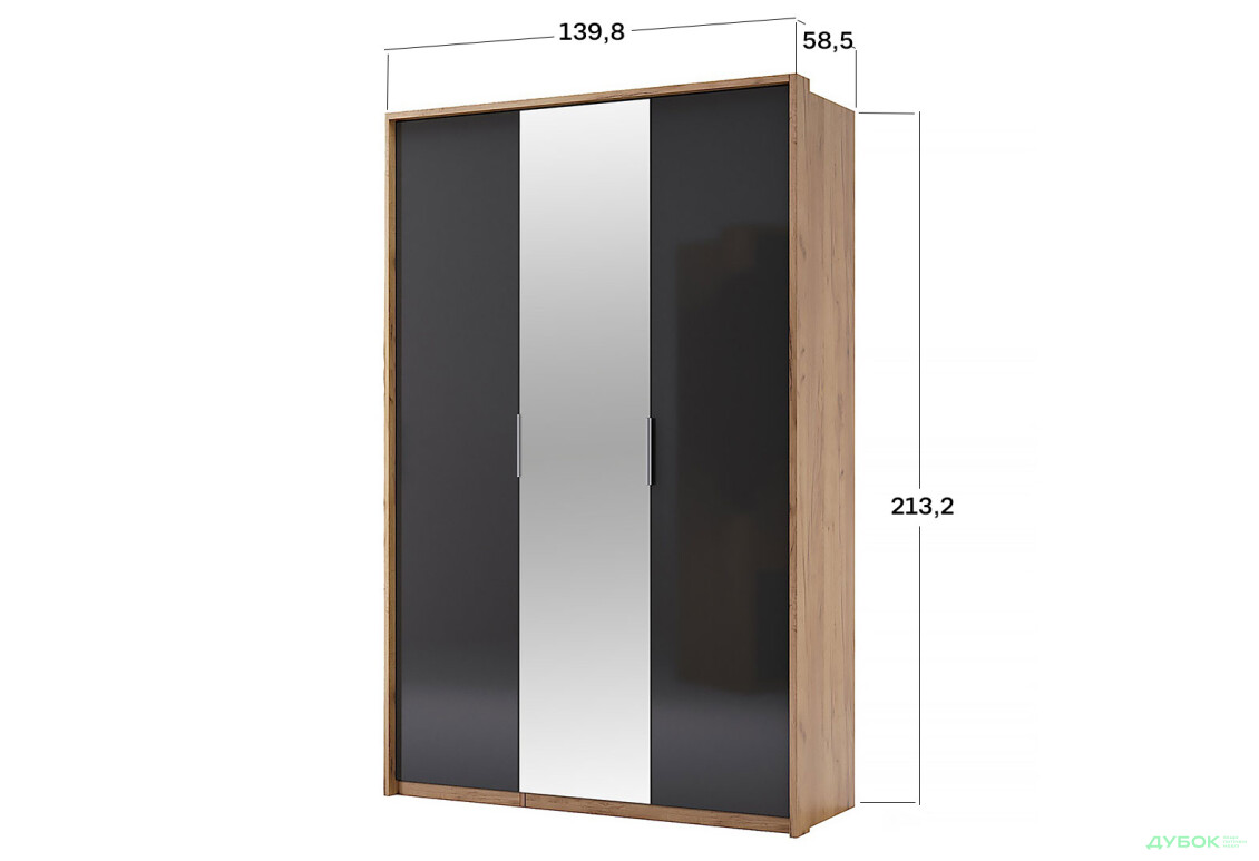 Шафа MiroMark Луна 3-дверна з дзеркалом 140 см Лава/Дуб Крафт, серія Н - Зображення 4 Зображення 4 - Шафа MiroMark Луна 3-дверна з дзеркалом 140 см Лава/Дуб Крафт, серія Н