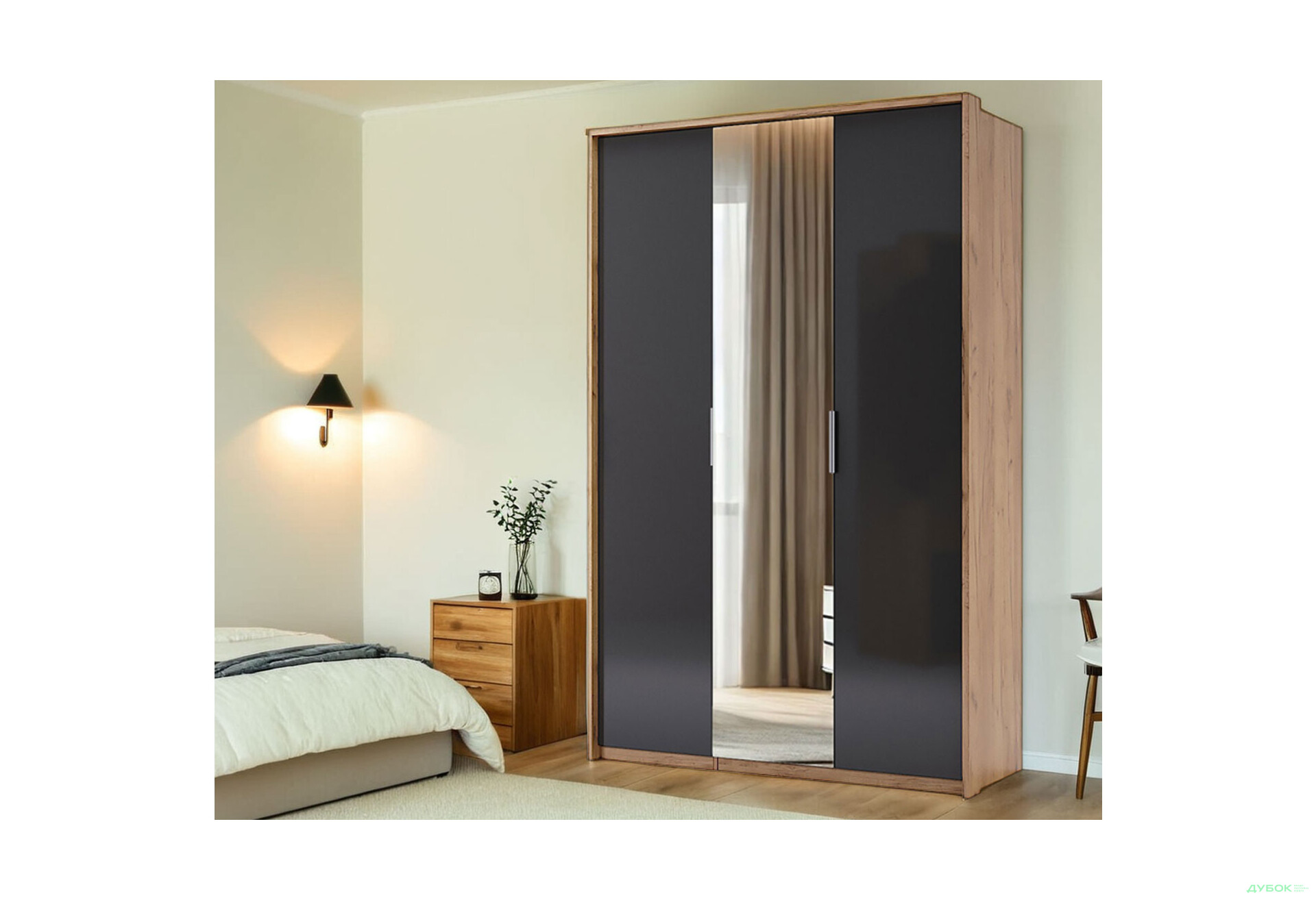 Шафа MiroMark Луна 3-дверна з дзеркалом 140 см Лава/Дуб Крафт, серія Н - Зображення 2 Зображення 2 - Шафа MiroMark Луна 3-дверна з дзеркалом 140 см Лава/Дуб Крафт, серія Н