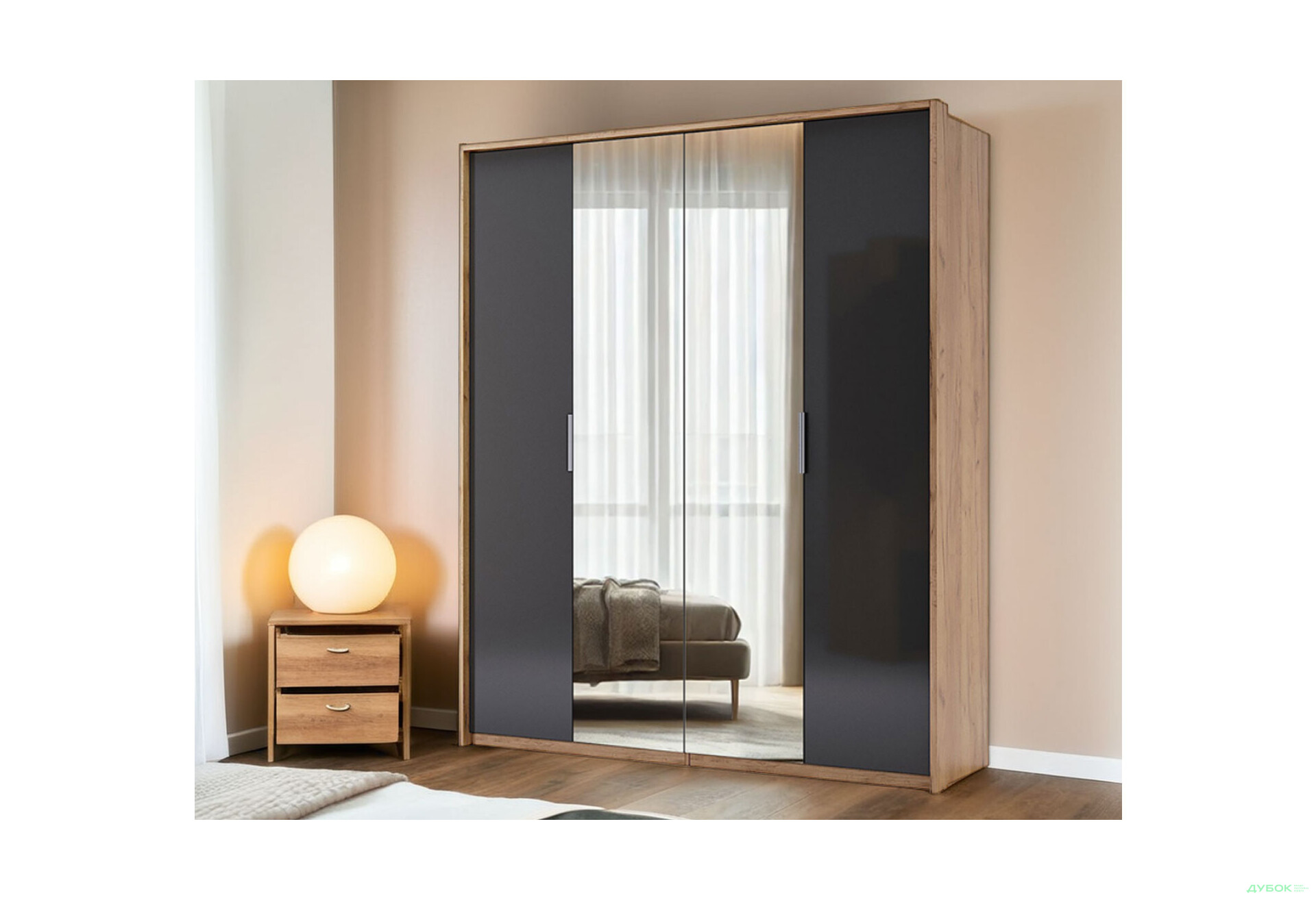 Шкаф МироМарк Луна 4-дверный с зеркалами 184 см Лава/Дуб Крафт, серия Н - Изображение 2 Изображение 2 - Шкаф МироМарк Луна 4-дверный с зеркалами 184 см Лава/Дуб Крафт, серия Н