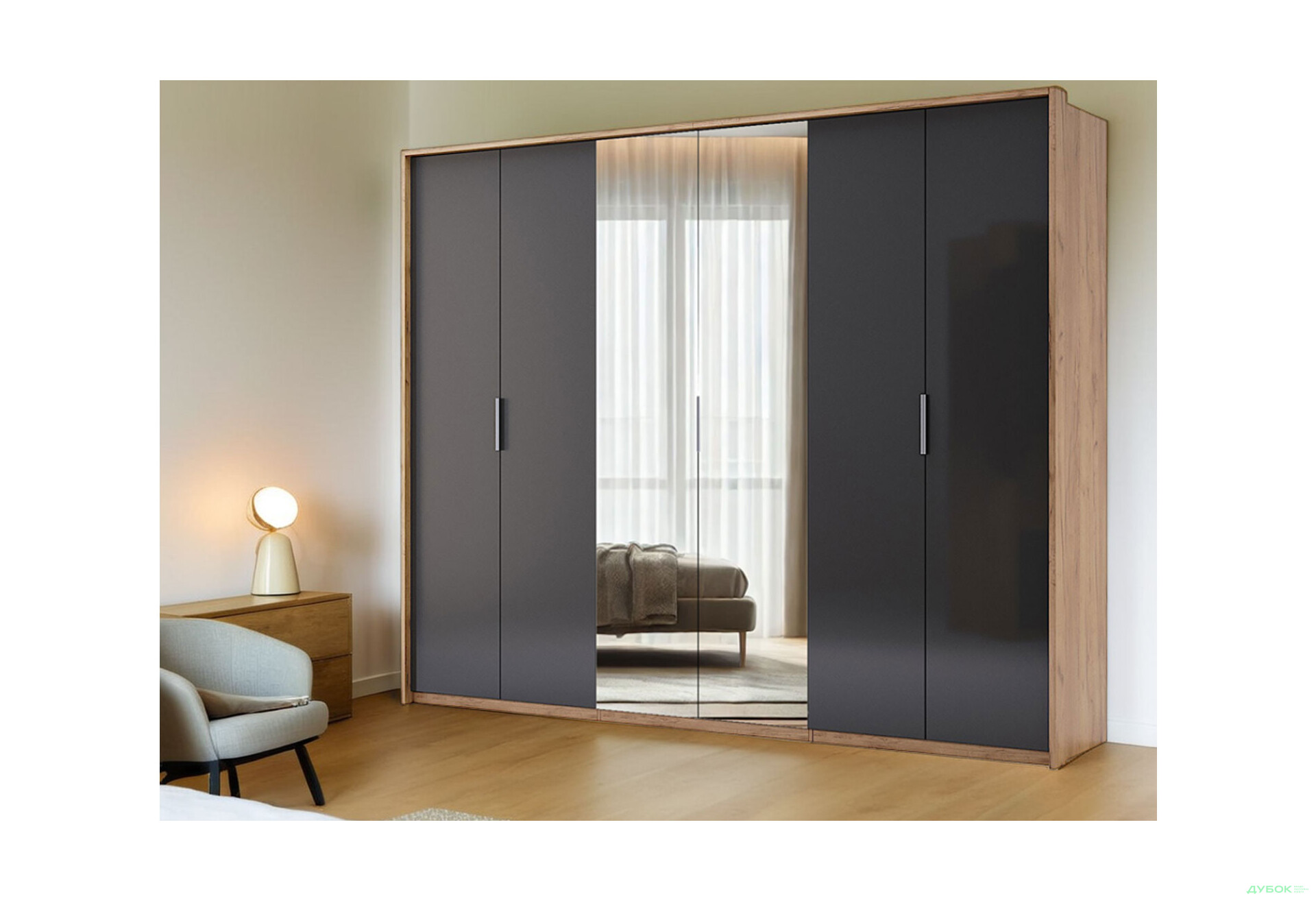 Зображення 2 - Шафа MiroMark Луна 6-дверна з дзеркалом 274 см Дуб крафт/Білий, серія Н