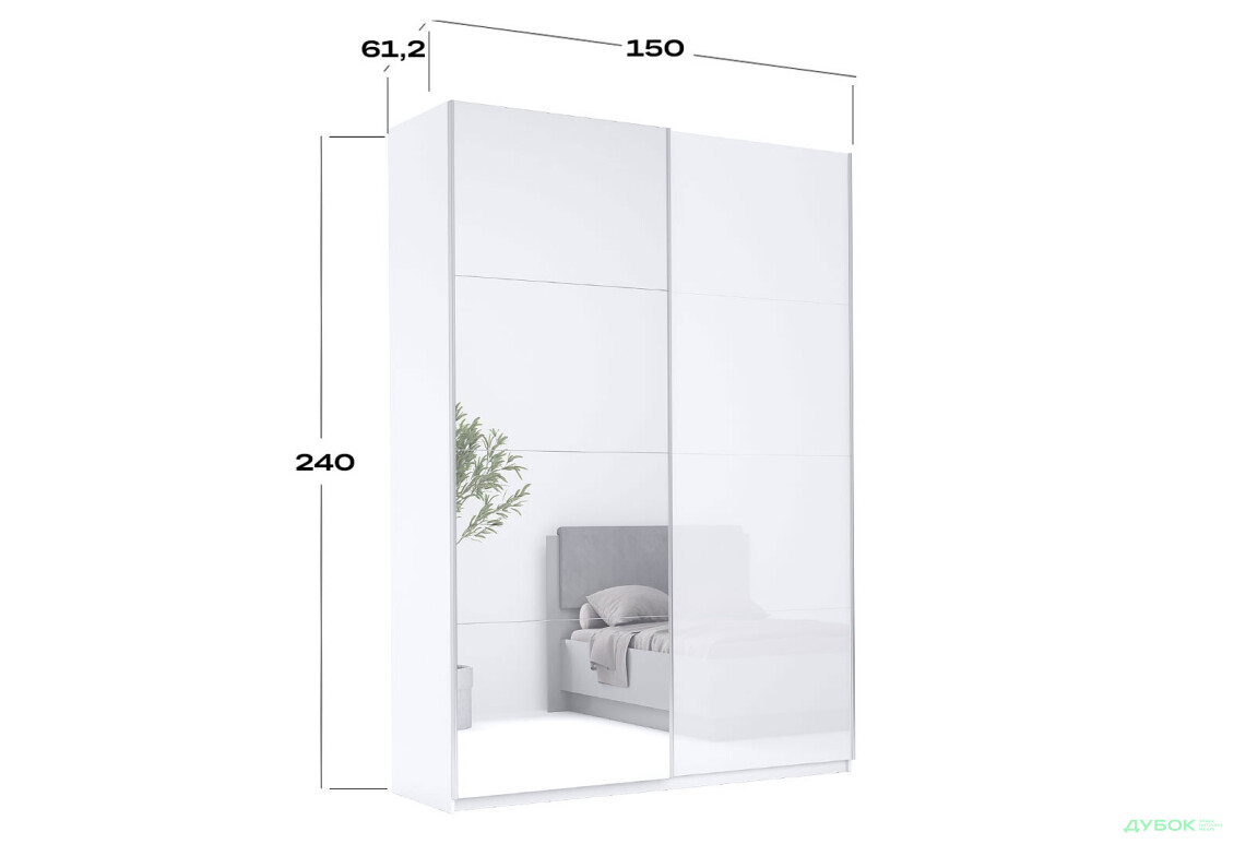 Шафа-купе MiroMark Фемілі 2-дверна із дзеркалом 150х240 см Біла, серія Н - Зображення 3 Зображення 3 - Шафа-купе MiroMark Фемілі 2-дверна із дзеркалом 150х240 см Біла, серія Н
