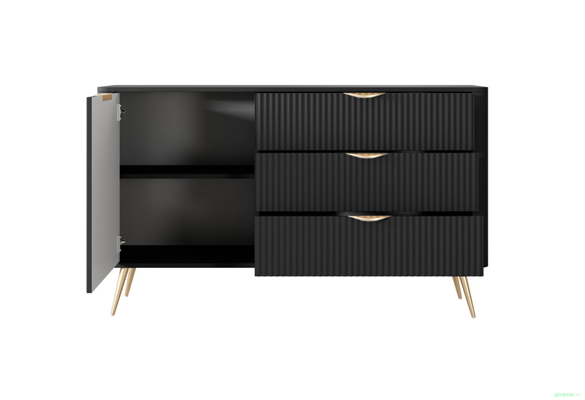 Комод Perfect Home Ланте / Lante 1-дверний з 3 шухлядами 138 см, чорний, золоті ніжки - Зображення 4 Зображення 4 - Комод Perfect Home Ланте / Lante 1-дверний з 3 шухлядами 138 см, чорний, золоті ніжки
