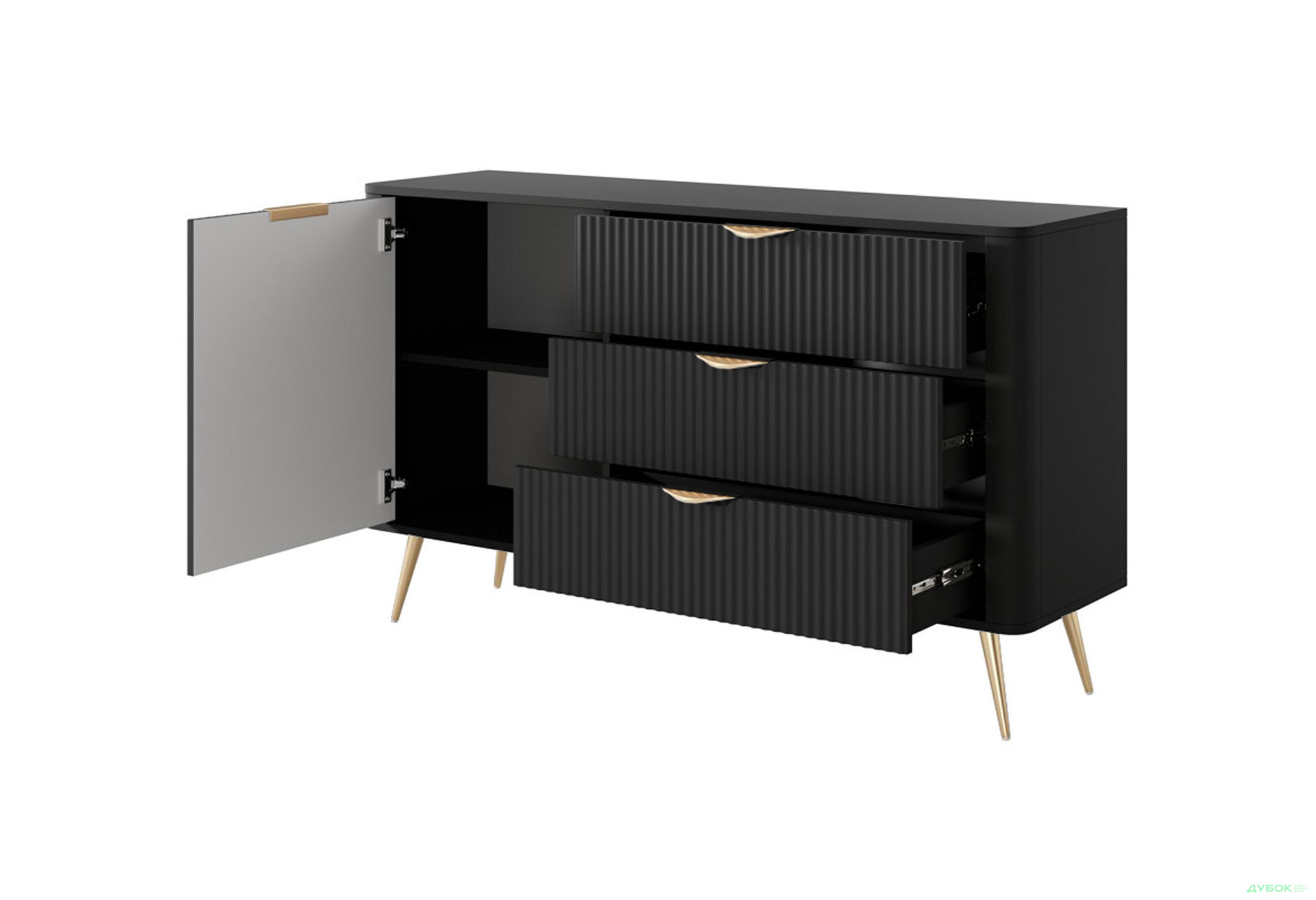 Комод Perfect Home Ланте / Lante 1-дверний з 3 шухлядами 138 см, чорний, золоті ніжки - Зображення 2 Зображення 2 - Комод Perfect Home Ланте / Lante 1-дверний з 3 шухлядами 138 см, чорний, золоті ніжки