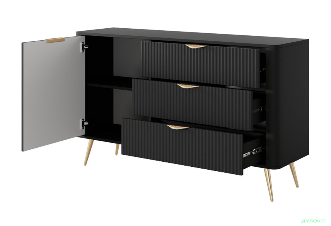 Комод Perfect Home Ланте / Lante 1-дверний з 3 шухлядами 138 см, чорний, золоті ніжки - Зображення 2 Зображення 2 - Комод Perfect Home Ланте / Lante 1-дверний з 3 шухлядами 138 см, чорний, золоті ніжки