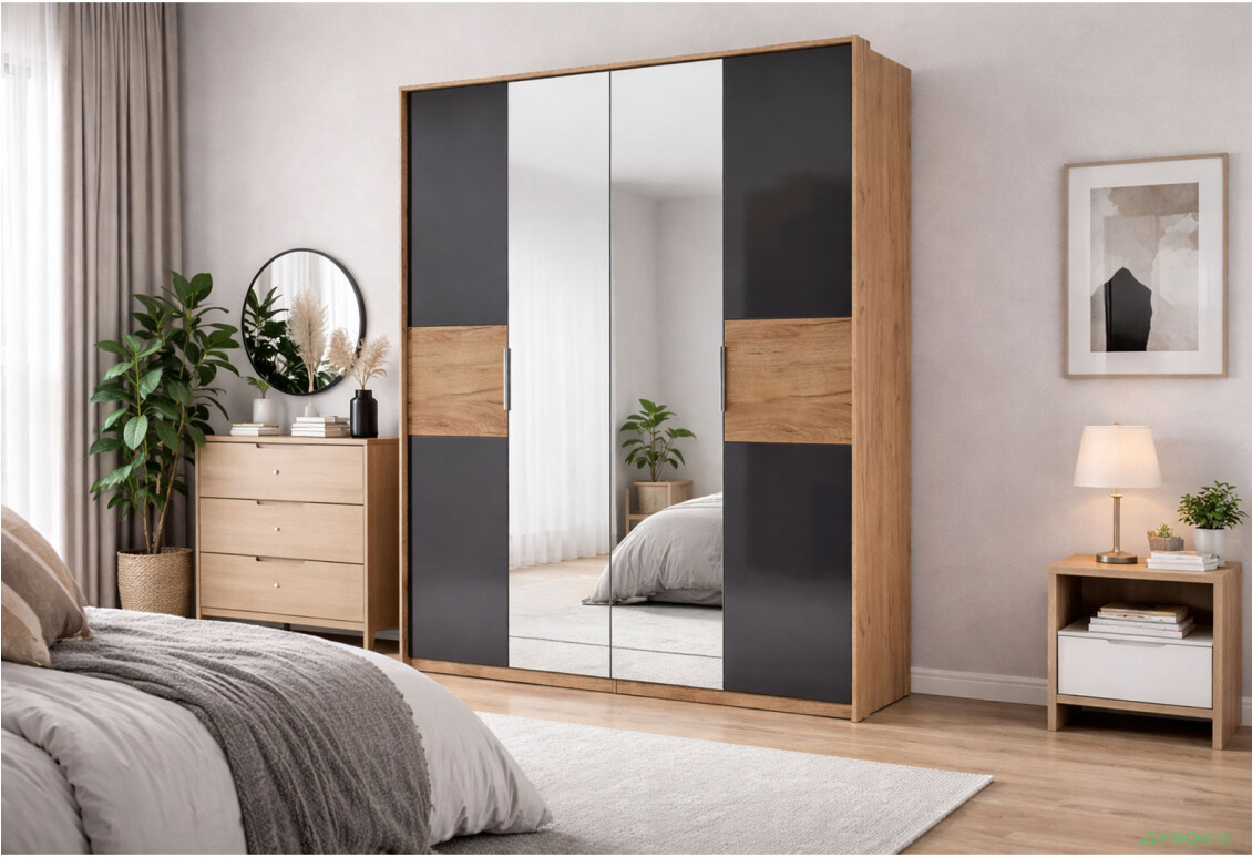 Изображение 2 - Шкаф МироМарк Рамона 4-дверный с зеркалом 184 см Дуб крафт/Лава, серия Н