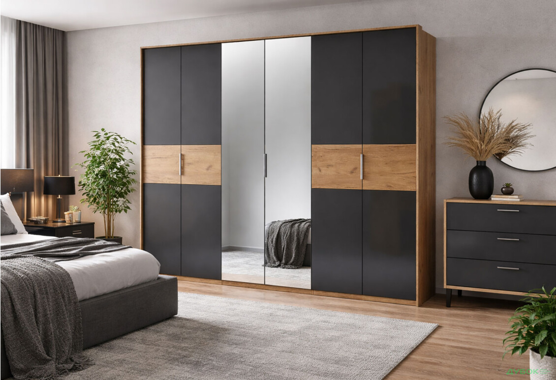 Зображення 2 - Шафа MiroMark Рамона 6-дверна з дзеркалом 274 см Дуб крафт/Лава, серія Н