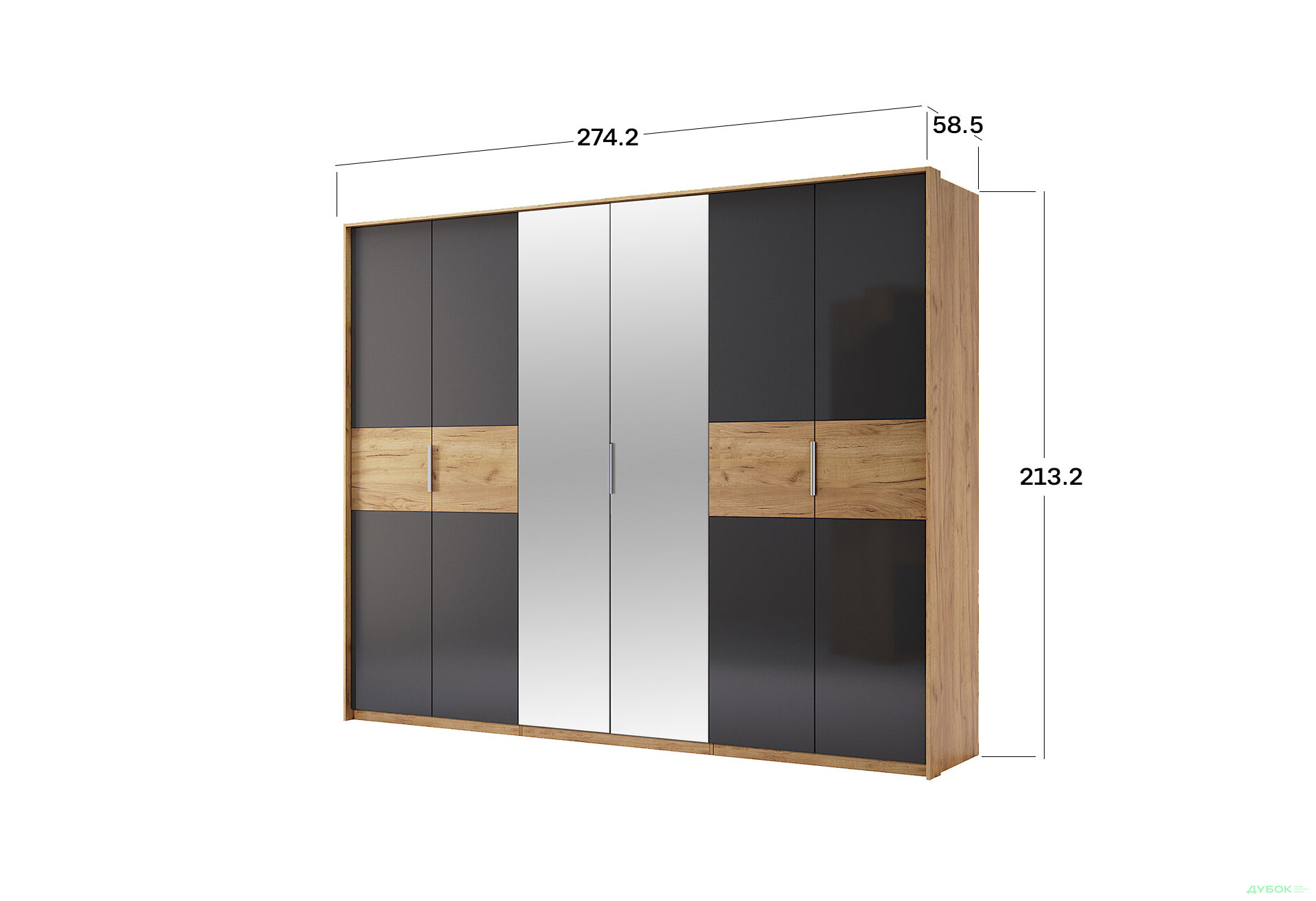Зображення 6 - Шафа MiroMark Рамона 6-дверна з дзеркалом 274 см Дуб крафт/Лава, серія Н