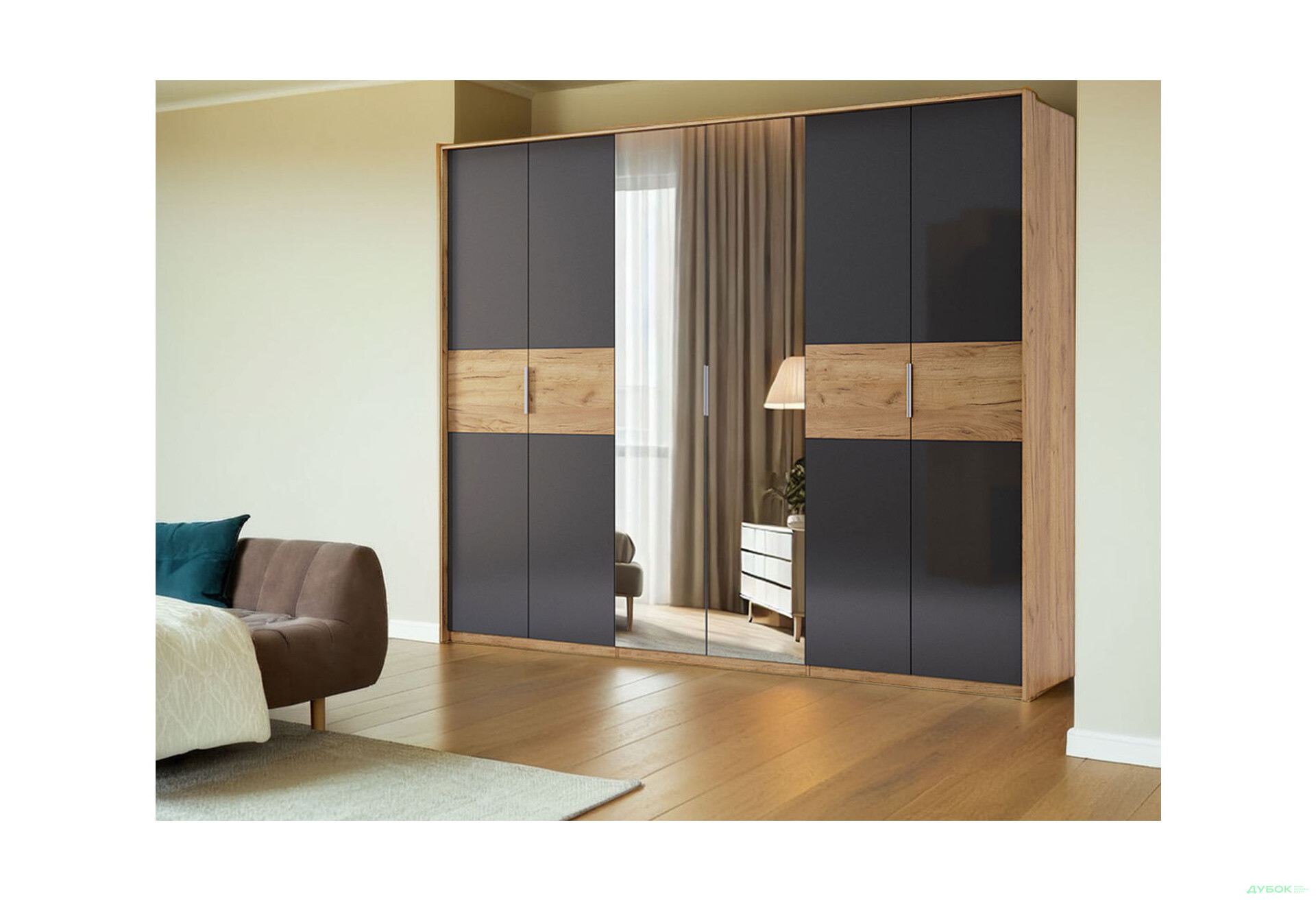 Зображення 2 - Шафа MiroMark Рамона 6-дверна з дзеркалом 274 см Дуб крафт/Лава, серія Н