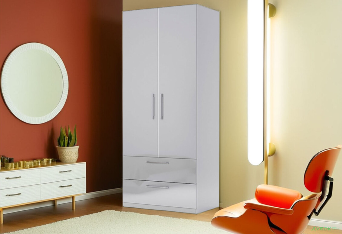 Шкаф МироМарк Меги / Megy 2-дверный с 2 ящиками 90 см глянец серый шиншилла, серия Н - Изображение 2 Изображение 2 - Шкаф МироМарк Меги / Megy 2-дверный с 2 ящиками 90 см глянец серый шиншилла, серия Н