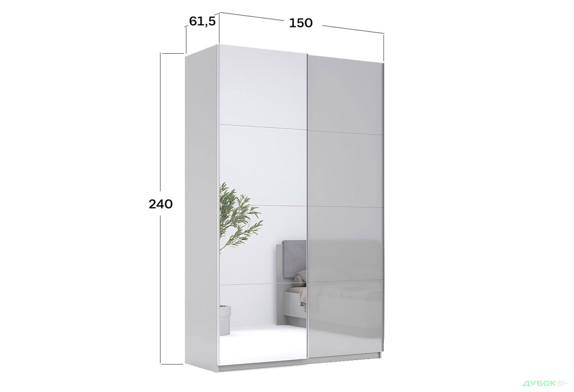 Шафа-купе MiroMark Мегі / Megy 2-дверна 150х240 см глянець сірий шиншила / дзеркало - Зображення 3 Зображення 3 - Шафа-купе MiroMark Мегі / Megy 2-дверна 150х240 см глянець сірий шиншила / дзеркало