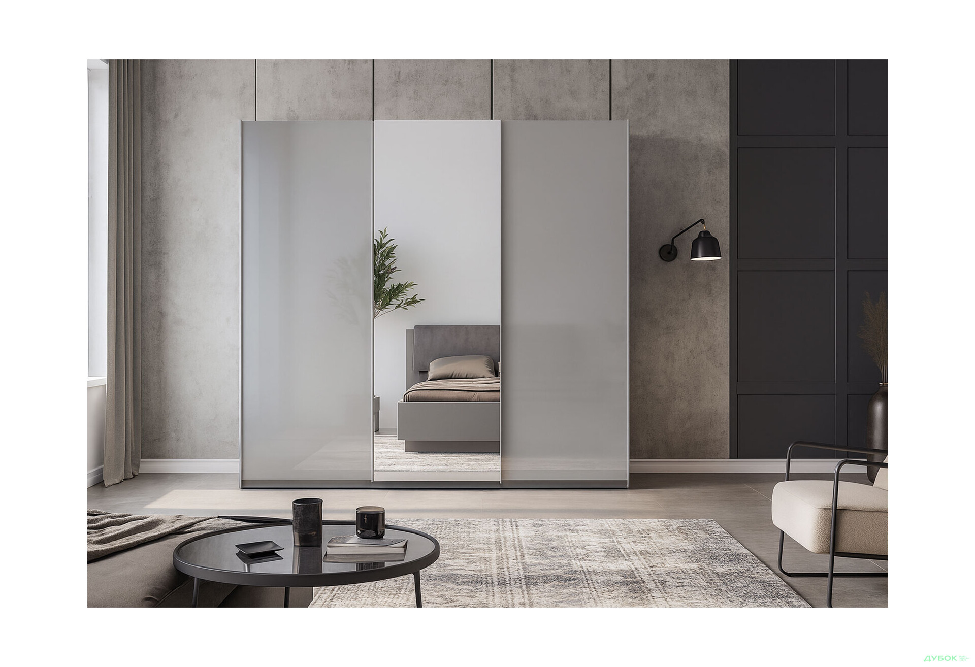 Зображення 2 - Шафа-купе MiroMark Мегі / Megy 3-дверна 250х210 см глянець сірий шиншила / дзеркало