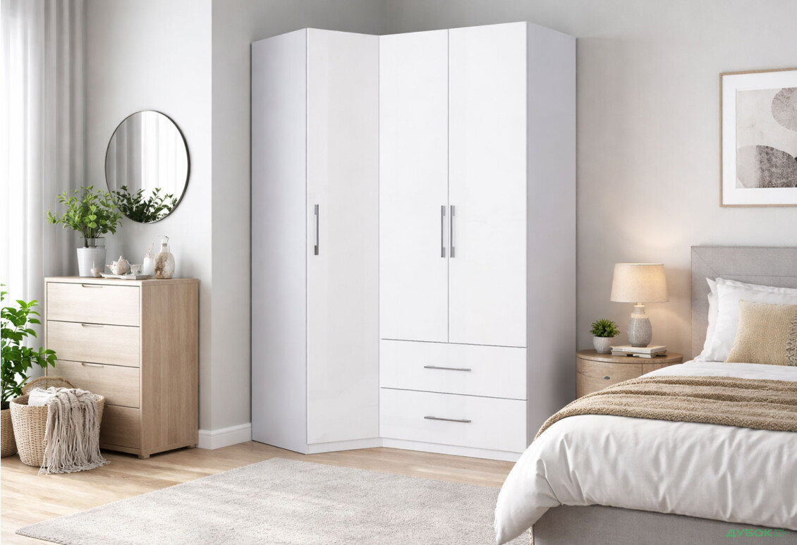 Зображення 2 - Шафа MiroMark Фемілі кутова 3-дверна з 2 шухлядами 100х148 см Біла, серія Н