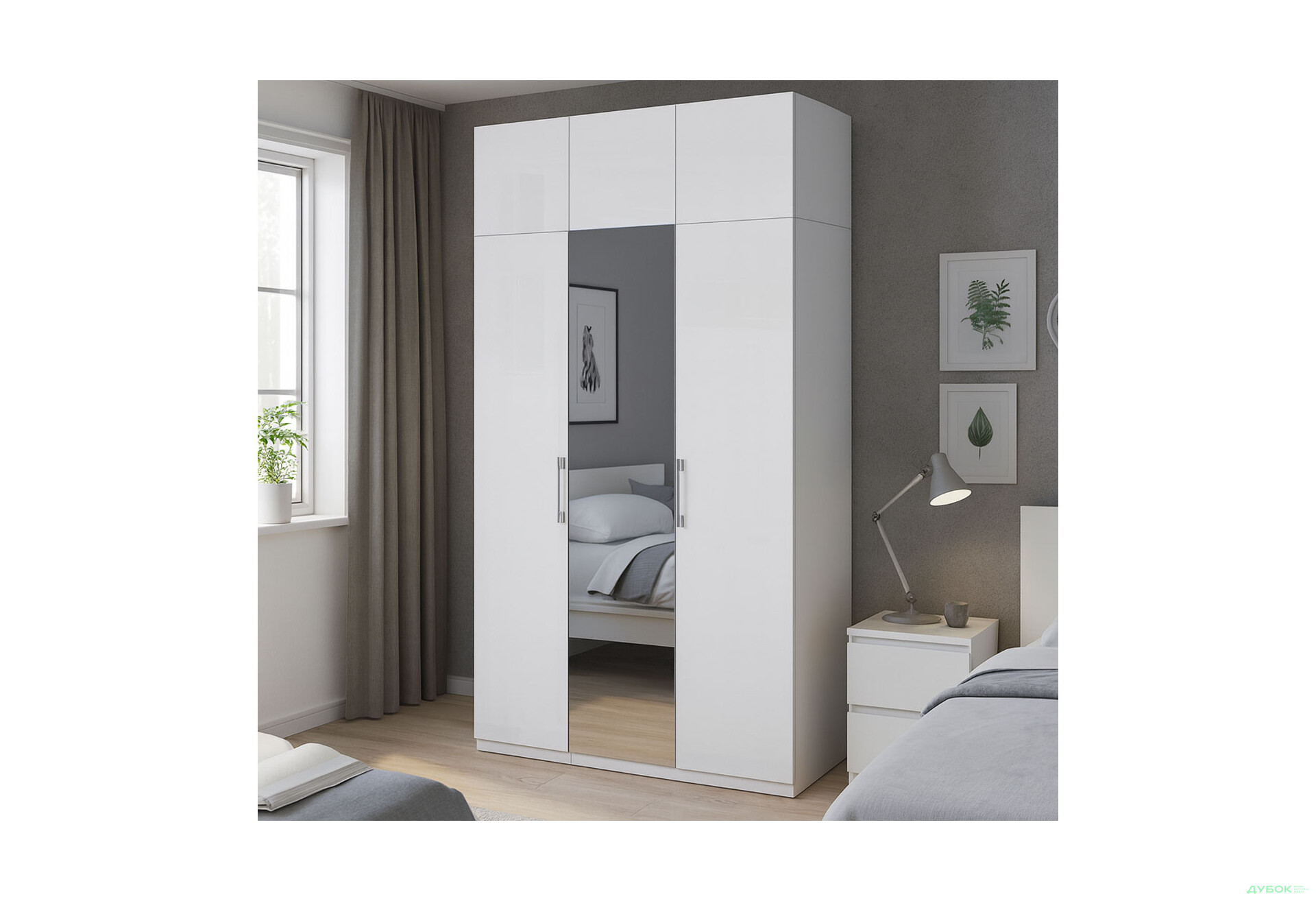 Шафа MiroMark Фемілі 3-дверна з антресолею, з дзеркалом 134 см Біла, серія Н - Зображення 2 Зображення 2 - Шафа MiroMark Фемілі 3-дверна з антресолею, з дзеркалом 134 см Біла, серія Н