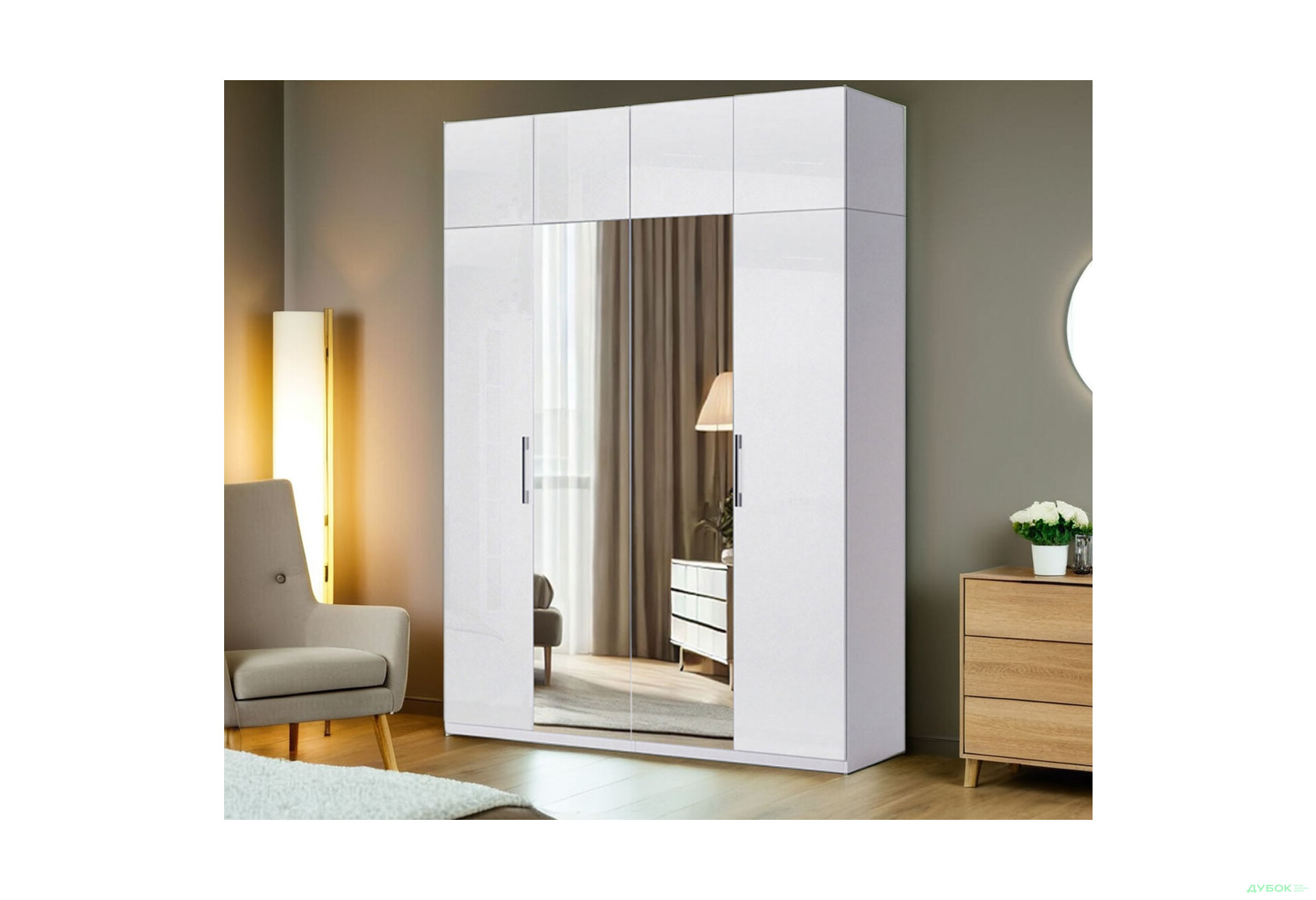 Шафа MiroMark Фемілі 4-дверна з антресолею, з дзеркалами 179 см Біла, серія Н - Зображення 3 Зображення 3 - Шафа MiroMark Фемілі 4-дверна з антресолею, з дзеркалами 179 см Біла, серія Н