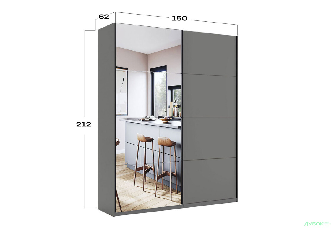 Шкаф-купе МироМарк Doni / Дони 2-хдверный с зеркалом 150 см, графит серия Н - Изображение 5 Изображение 5 - Шкаф-купе МироМарк Doni / Дони 2-хдверный с зеркалом 150 см, графит серия Н