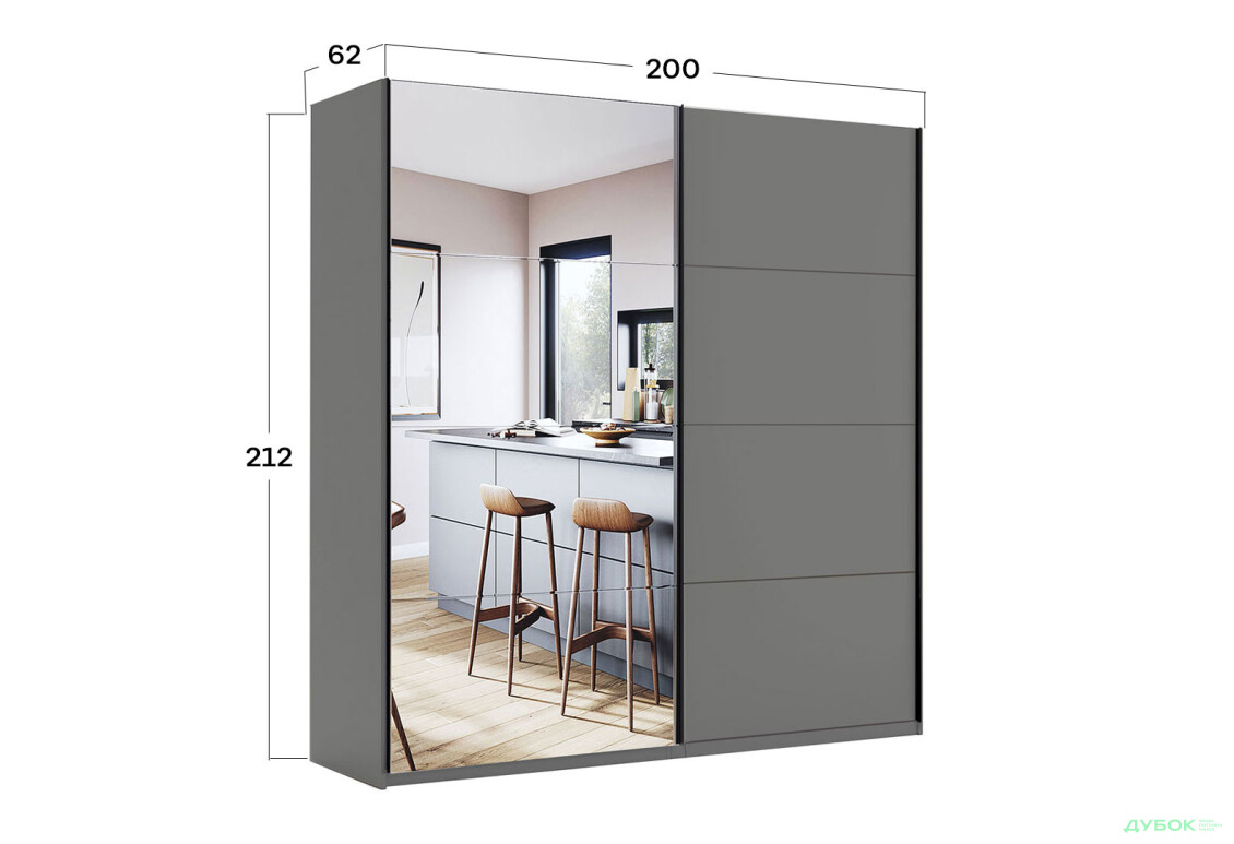 Шафа-купе MiroMark Doni / Доні 2-дверна із дзеркалом 200 см, графіт серія Н - Зображення 5 Зображення 5 - Шафа-купе MiroMark Doni / Доні 2-дверна із дзеркалом 200 см, графіт серія Н