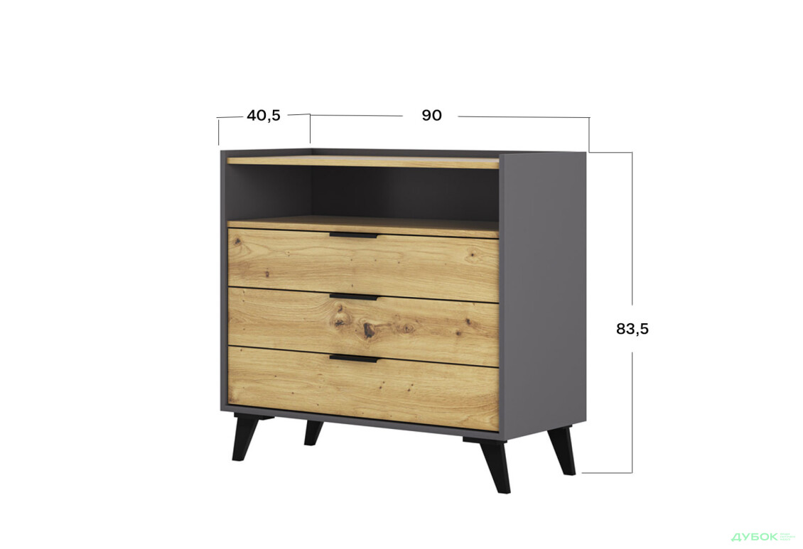 Изображение 2 - Комод Svit Mebliv Камила с 3 ящиками и полкой 90 см, дуб артизан, графит / графит