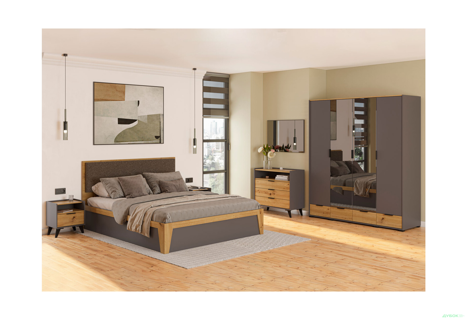 Шафа Світ Меблів Каміла 4-дверна з дзеркалом 189 см, дуб артизан, графіт / графіт - Зображення 2 Зображення 2 - Шафа Світ Меблів Каміла 4-дверна з дзеркалом 189 см, дуб артизан, графіт / графіт