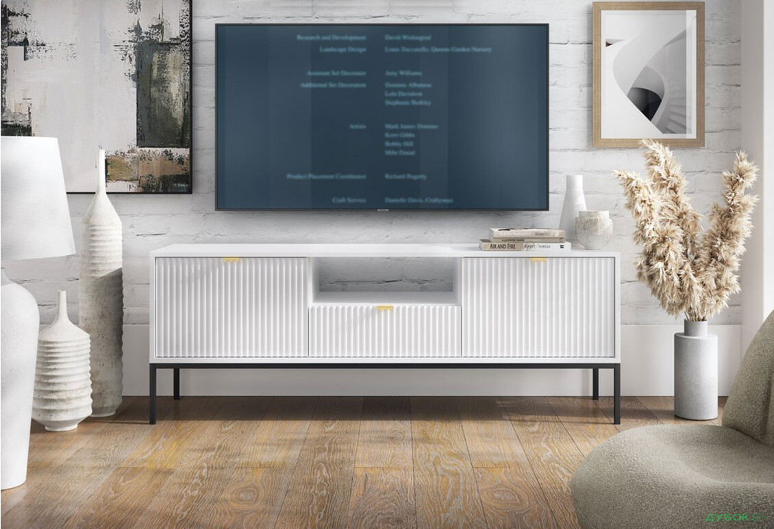 Тумба під ТВ Perfect Home Нова / Nova з 2 дверками, шухлядою та поличкою 154 см, білий, чорні ніжки - Зображення 5 Зображення 5 - Тумба під ТВ Perfect Home Нова / Nova з 2 дверками, шухлядою та поличкою 154 см, білий, чорні ніжки