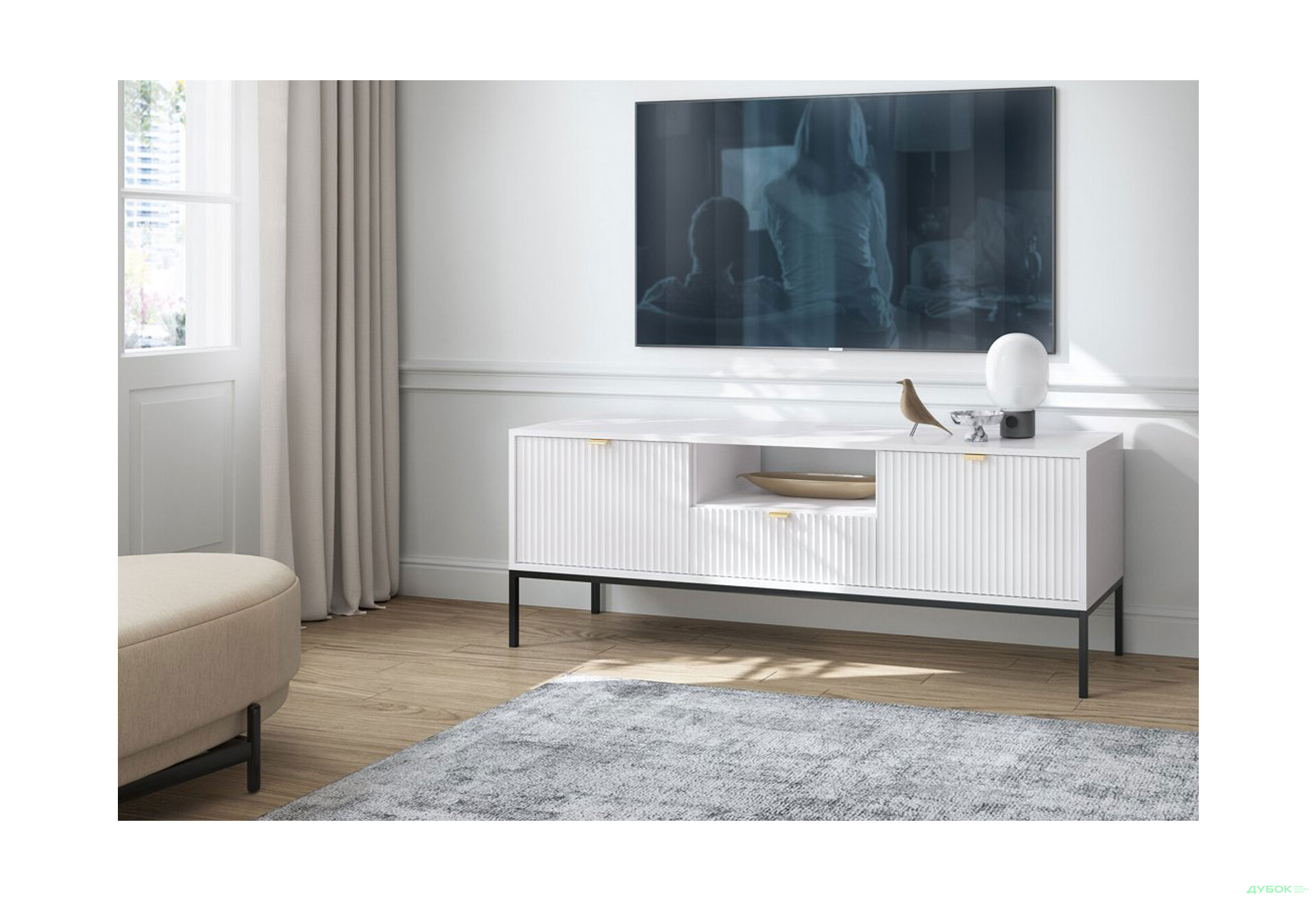 Тумба під ТВ Perfect Home Нова / Nova з 2 дверками, шухлядою та поличкою 154 см, білий, чорні ніжки - Зображення 4 Зображення 4 - Тумба під ТВ Perfect Home Нова / Nova з 2 дверками, шухлядою та поличкою 154 см, білий, чорні ніжки