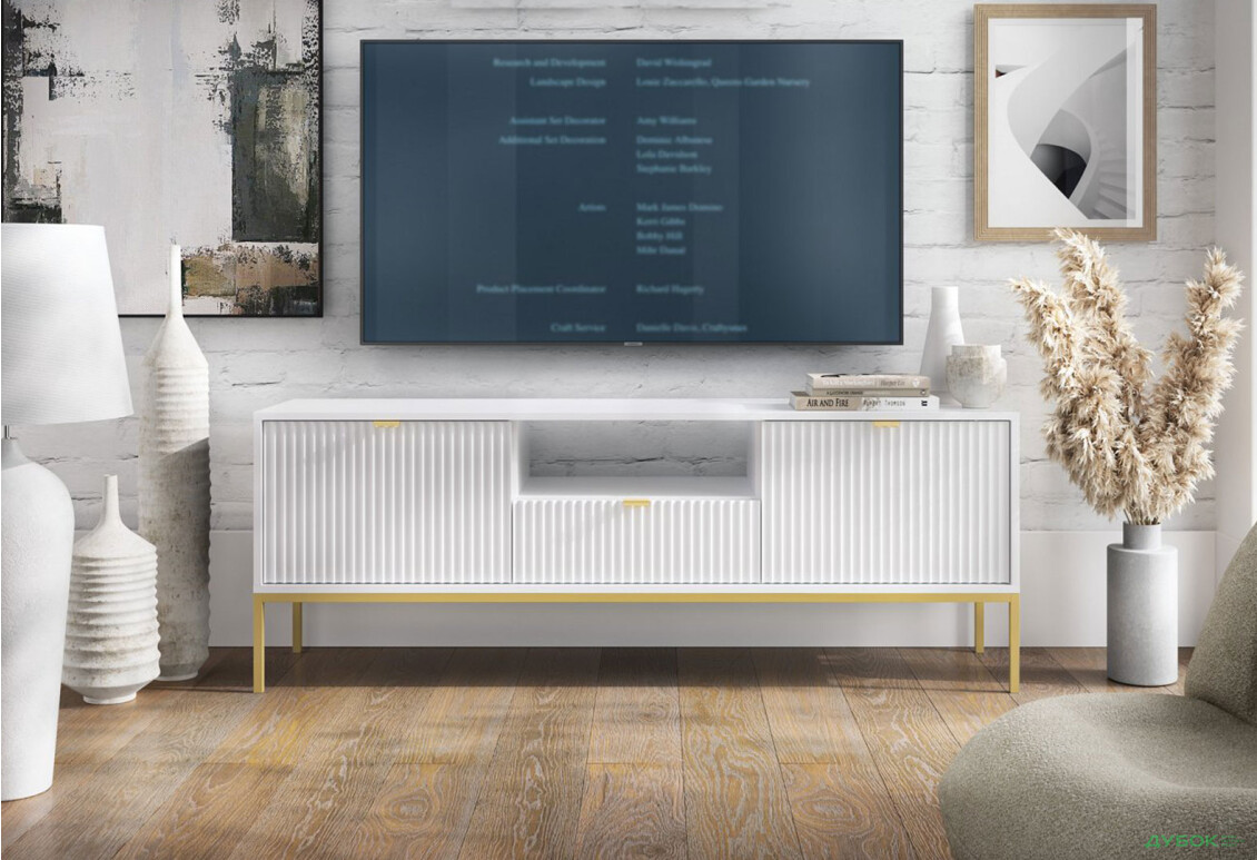 Тумба під ТВ Perfect Home Нова / Nova з 2 дверками, шухлядою та поличкою 154 см, білий, золоті ніжки - Зображення 5 Зображення 5 - Тумба під ТВ Perfect Home Нова / Nova з 2 дверками, шухлядою та поличкою 154 см, білий, золоті ніжки