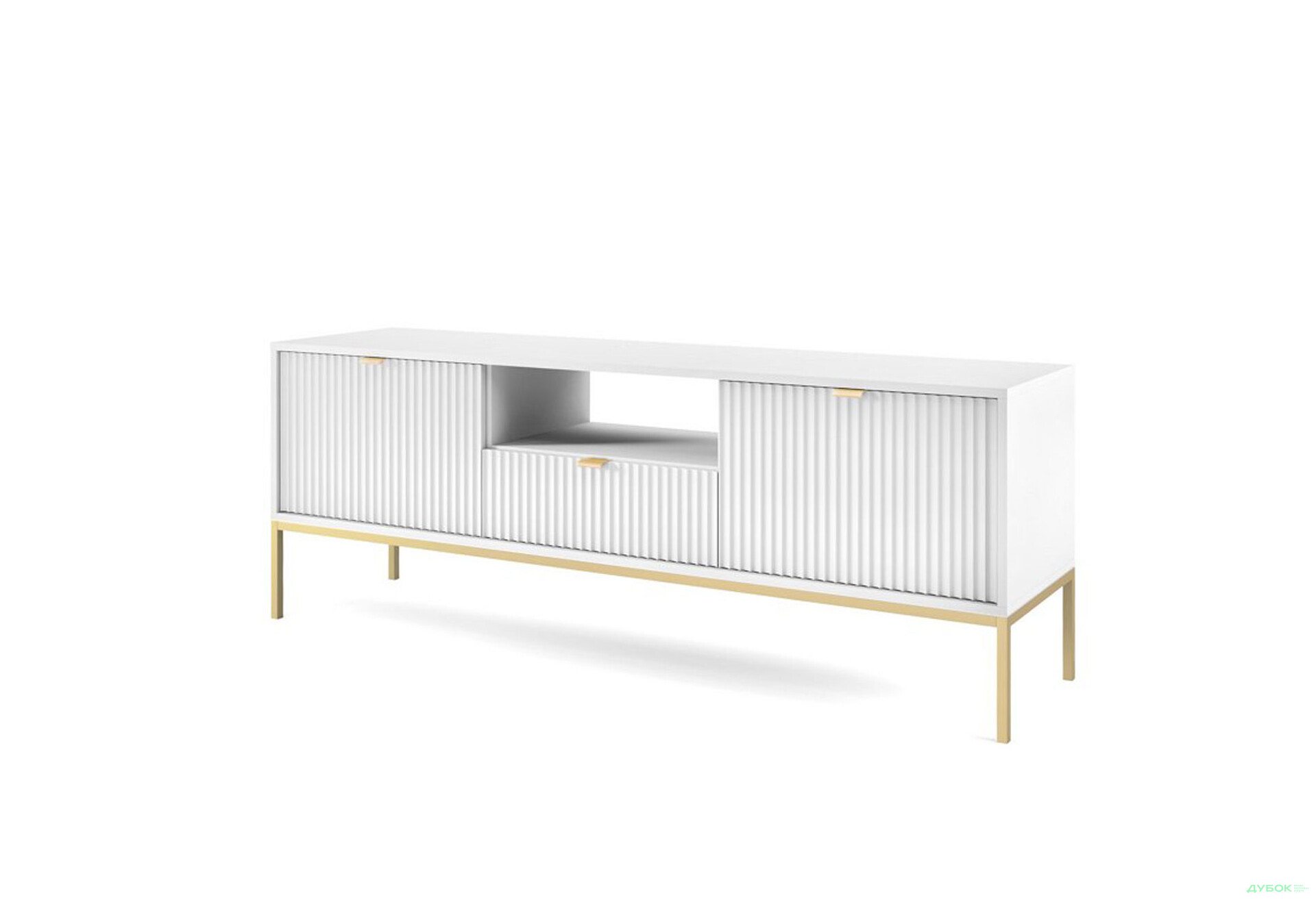 Тумба під ТВ Perfect Home Нова / Nova з 2 дверками, шухлядою та поличкою 154 см, білий, золоті ніжки - Зображення 1 Зображення 1 - Тумба під ТВ Perfect Home Нова / Nova з 2 дверками, шухлядою та поличкою 154 см, білий, золоті ніжки