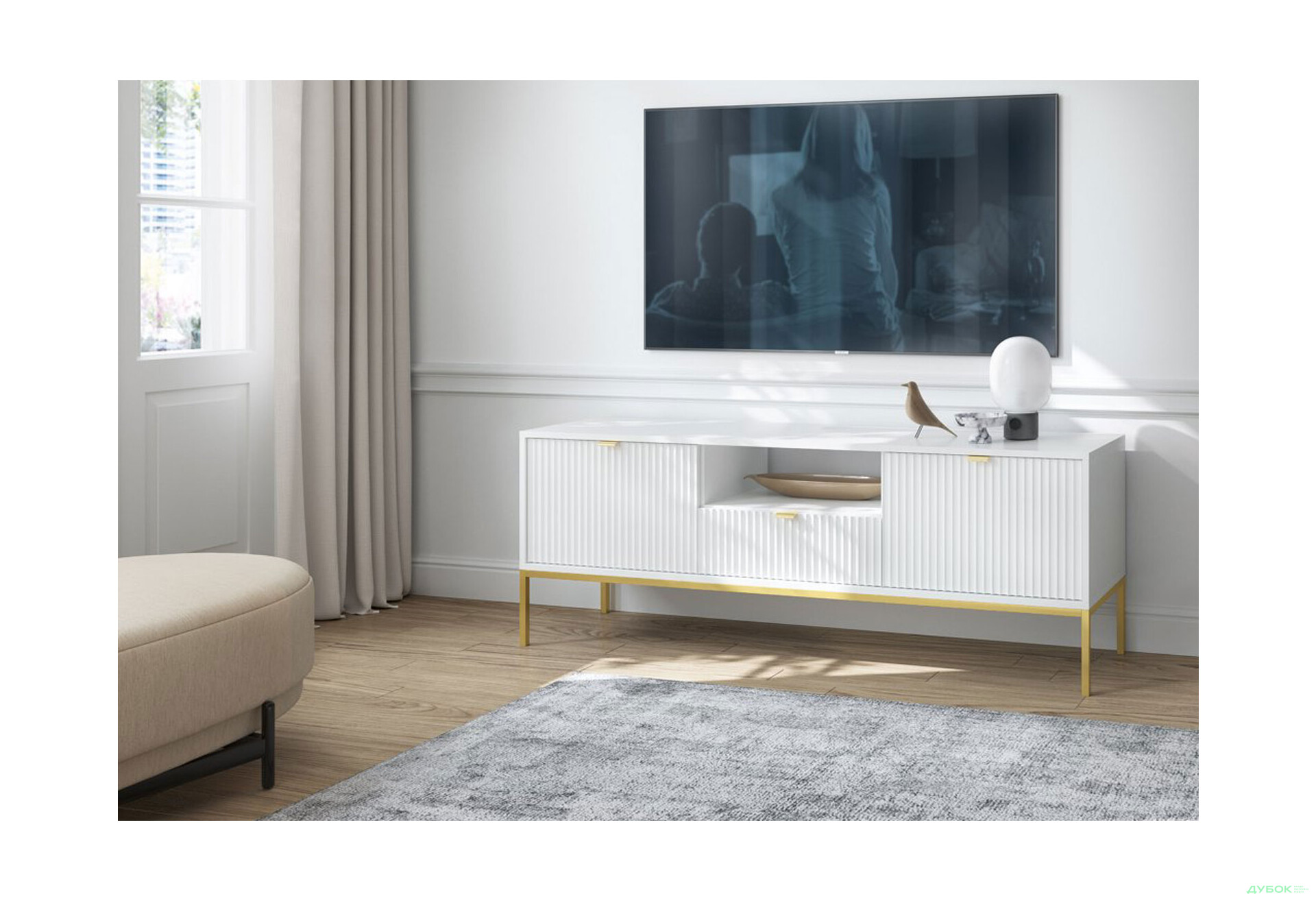 Тумба під ТВ Perfect Home Нова / Nova з 2 дверками, шухлядою та поличкою 154 см, білий, золоті ніжки - Зображення 4 Зображення 4 - Тумба під ТВ Perfect Home Нова / Nova з 2 дверками, шухлядою та поличкою 154 см, білий, золоті ніжки