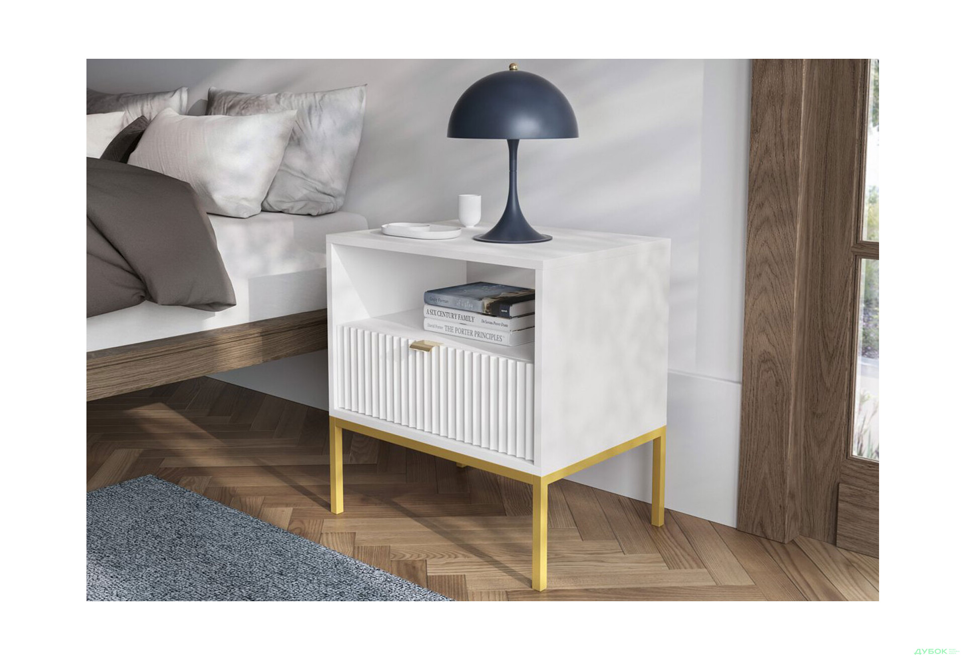 Зображення 4 - Приліжкова тумба Perfect Home Нова / Nova з шухлядою та полицею 54 см, білий, золоті ніжки