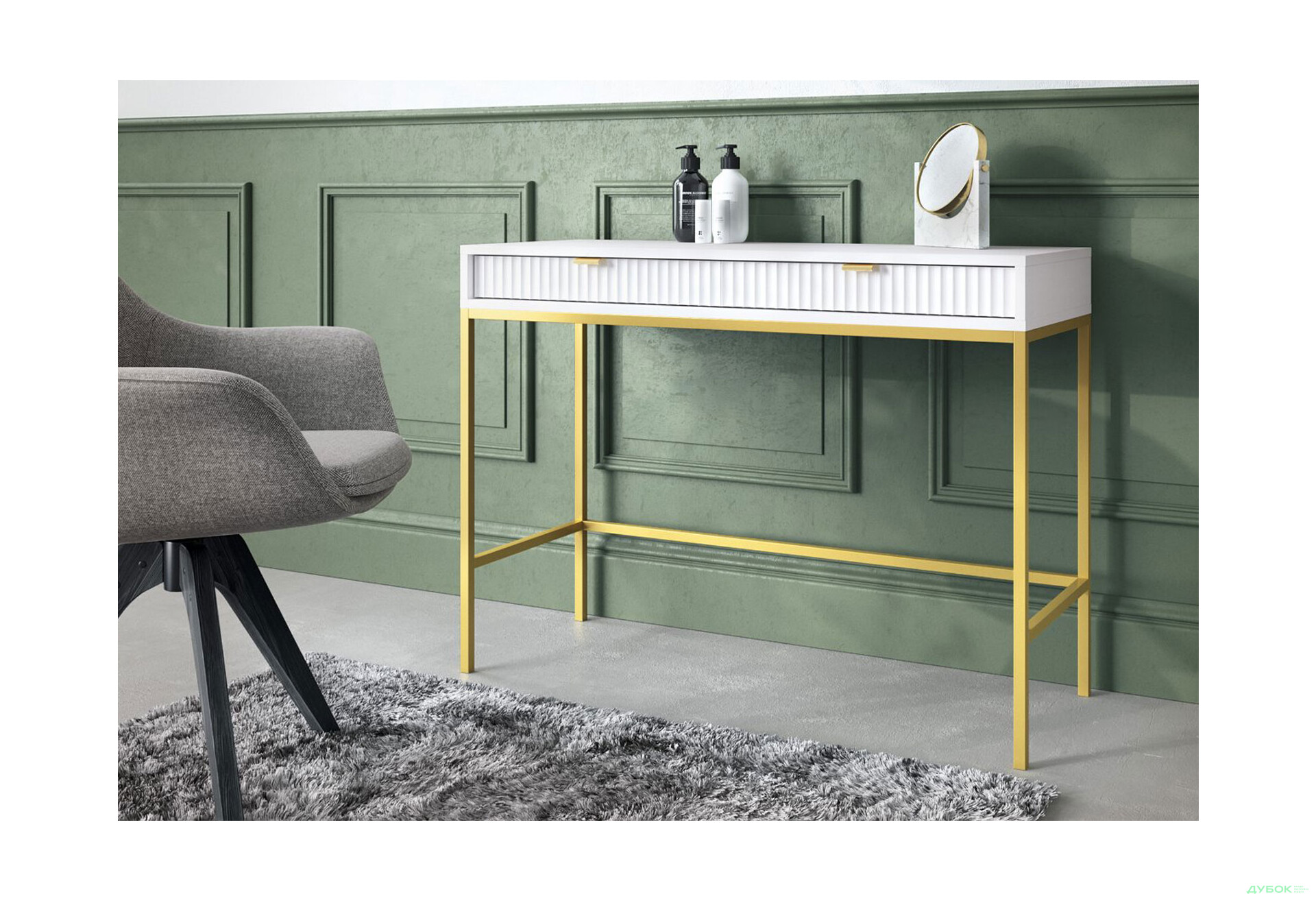 Зображення 4 - Стіл туалетний Perfect Home Нова / Nova з 2 шухлядами 104 см, білий, золоті ніжки