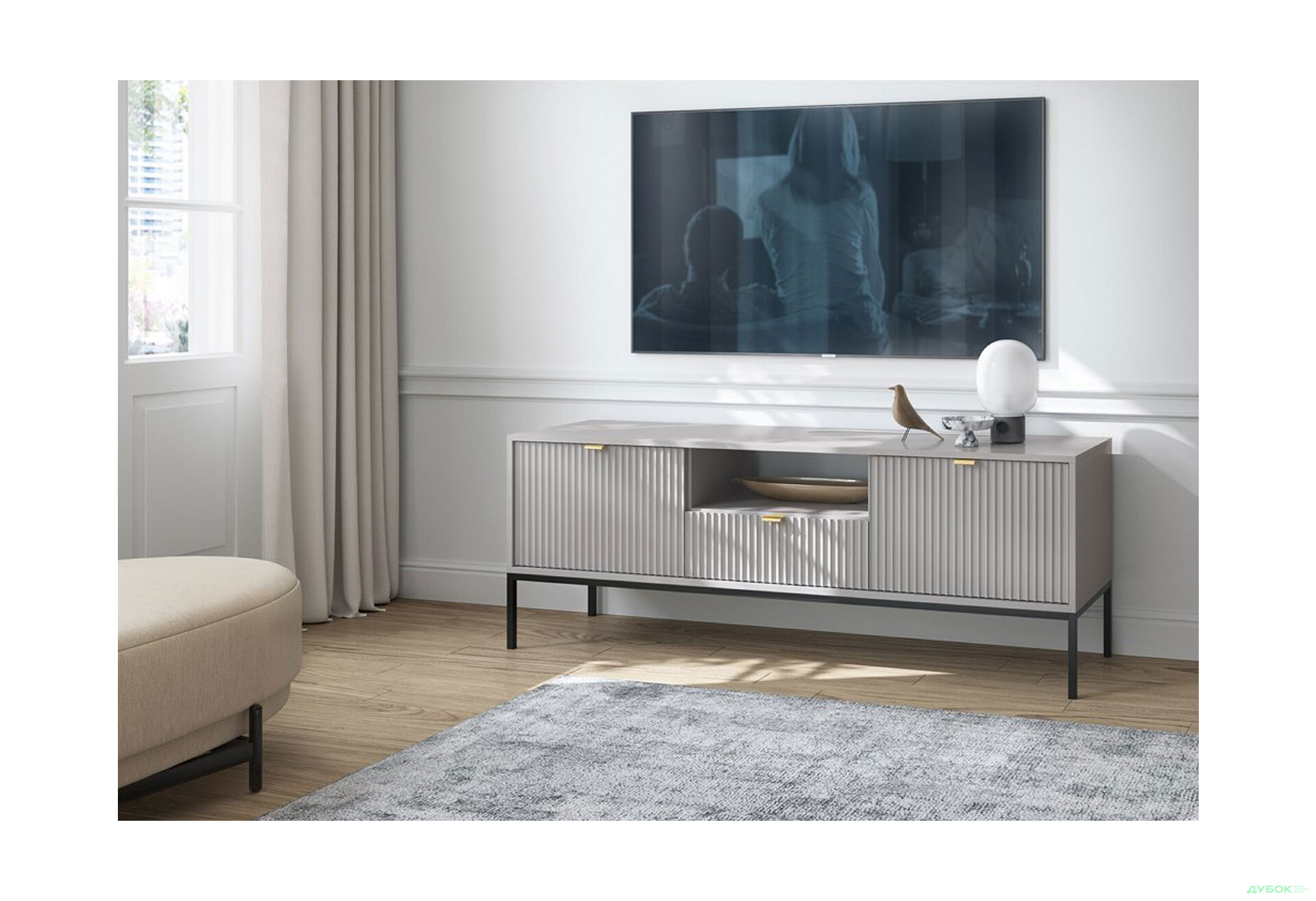 Тумба під ТВ Perfect Home Нова / Nova з 2 дверками, шухлядою та поличкою 154 см, сірий, чорні ніжки - Зображення 4 Зображення 4 - Тумба під ТВ Perfect Home Нова / Nova з 2 дверками, шухлядою та поличкою 154 см, сірий, чорні ніжки