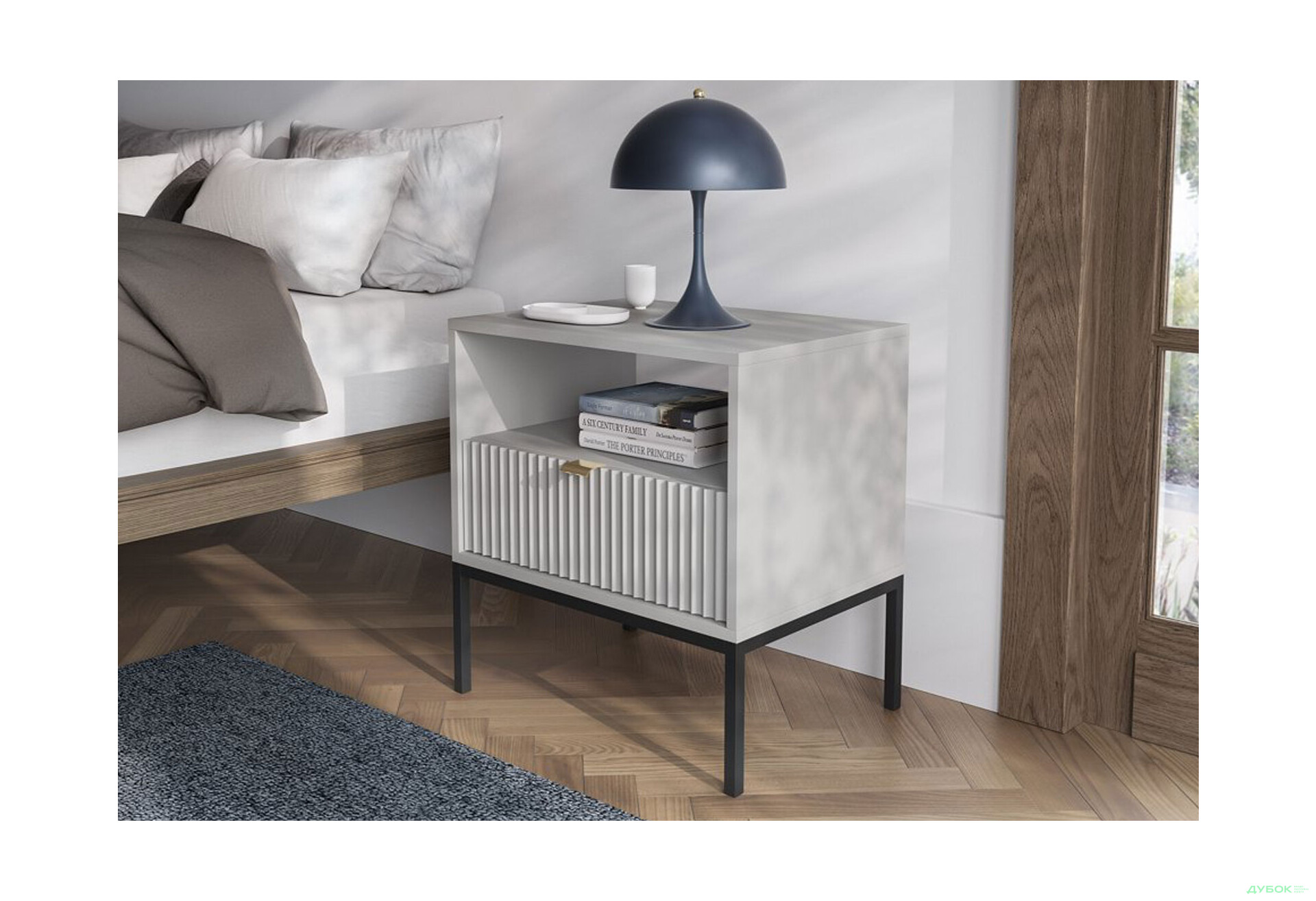 Приліжкова тумба Perfect Home Нова / Nova з шухлядою та полицею 54 см, сірий, чорні ніжки - Зображення 2 Зображення 2 - Приліжкова тумба Perfect Home Нова / Nova з шухлядою та полицею 54 см, сірий, чорні ніжки