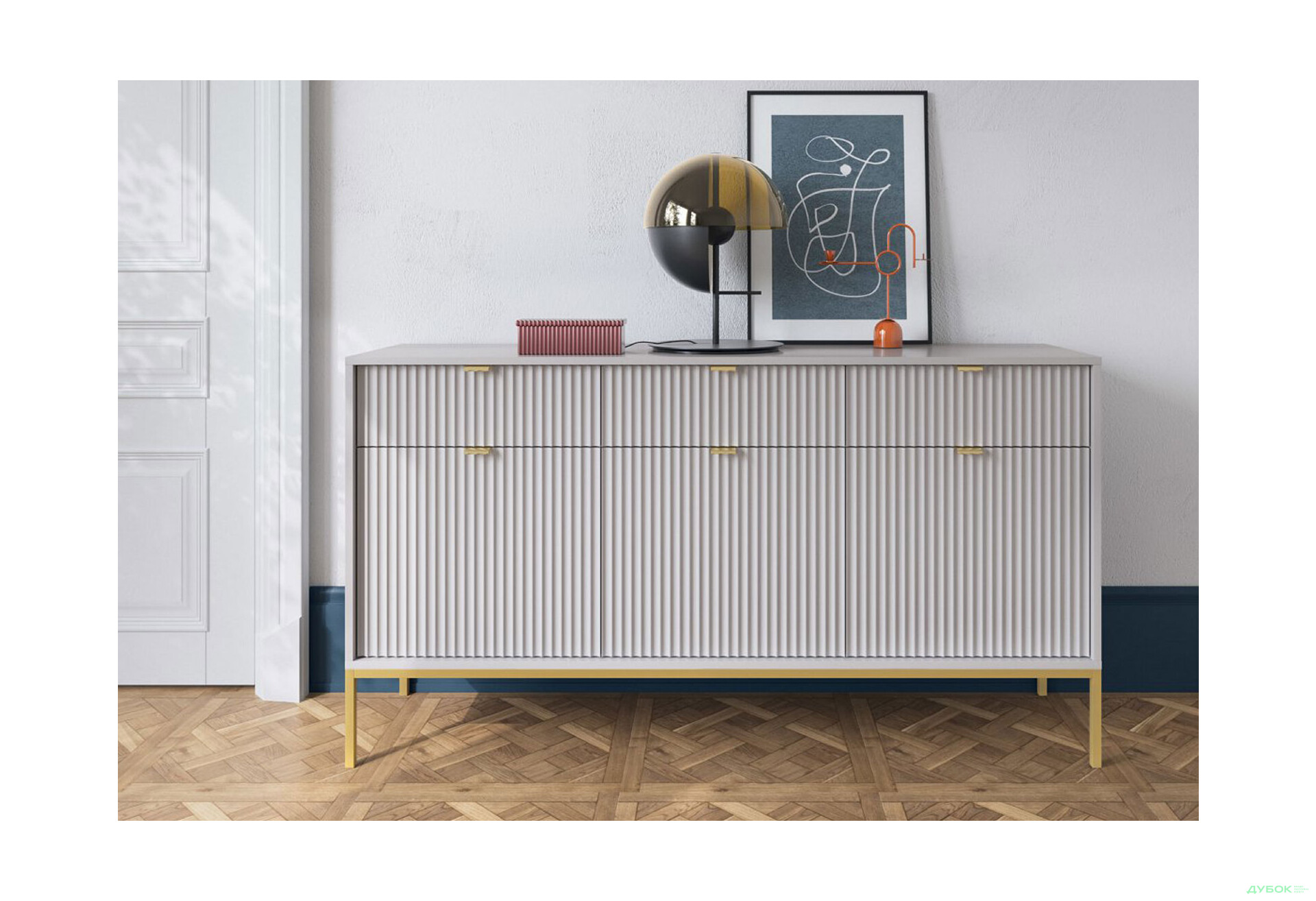 Комод Perfect Home Нова / Nova 3-дверний з 3 шухлядами 154 см, сірий, золоті ніжки - Зображення 3 Зображення 3 - Комод Perfect Home Нова / Nova 3-дверний з 3 шухлядами 154 см, сірий, золоті ніжки