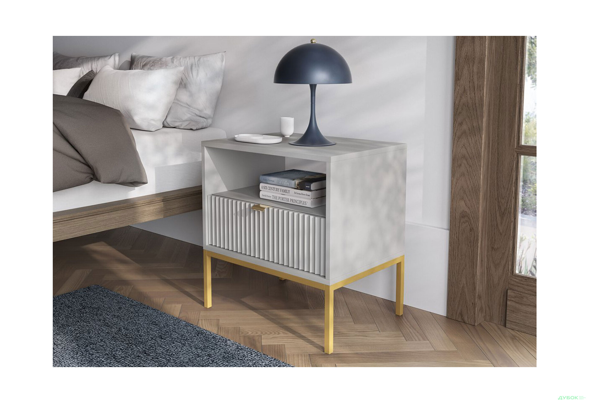 Приліжкова тумба Perfect Home Нова / Nova з шухлядою та полицею 54 см, сірий, золоті ніжки - Зображення 3 Зображення 3 - Приліжкова тумба Perfect Home Нова / Nova з шухлядою та полицею 54 см, сірий, золоті ніжки