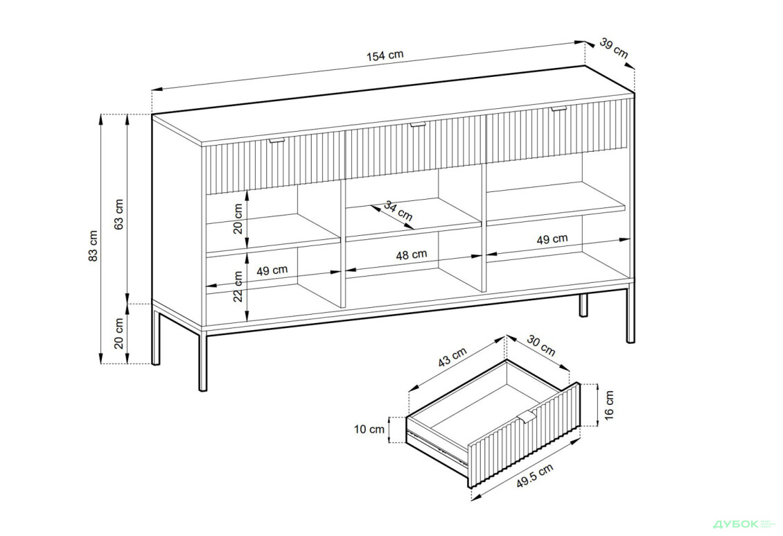 Комод Perfect Home Нова / Nova 3-дверный с 3 ящиками 154 см, черный, черные ножки - Изображение 4 Изображение 4 - Комод Perfect Home Нова / Nova 3-дверный с 3 ящиками 154 см, черный, черные ножки