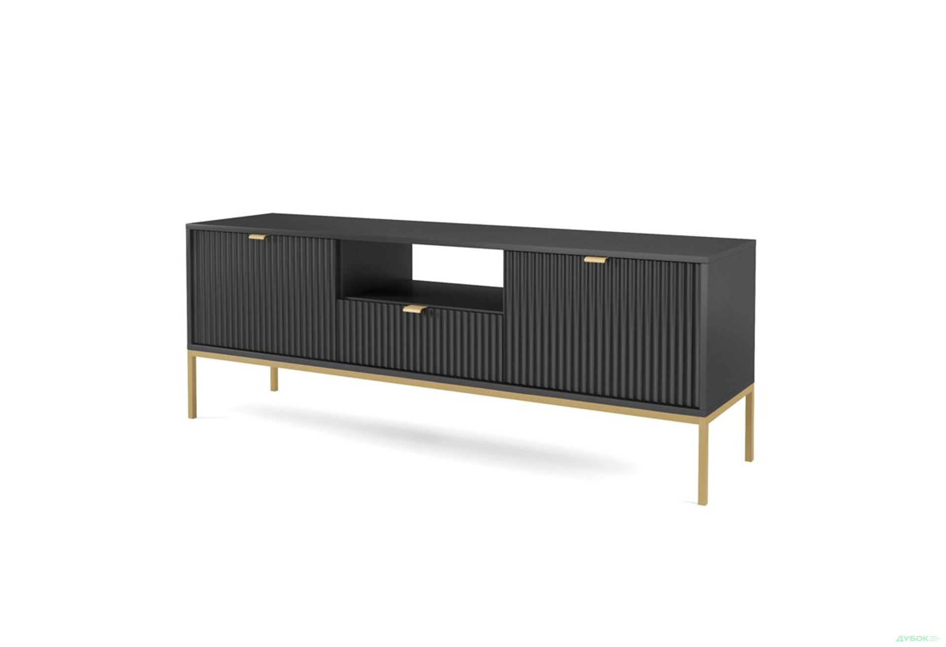 Тумба під ТВ Perfect Home Нова / Nova з 2 дверками, шухлядою та поличкою 154 см, чорний, золоті ніжки - Зображення 1 Зображення 1 - Тумба під ТВ Perfect Home Нова / Nova з 2 дверками, шухлядою та поличкою 154 см, чорний, золоті ніжки