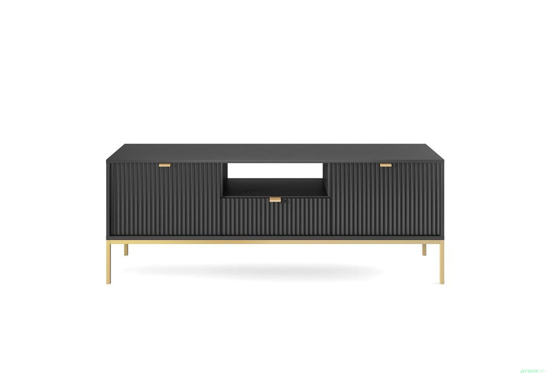 Тумба під ТВ Perfect Home Нова / Nova з 2 дверками, шухлядою та поличкою 154 см, чорний, золоті ніжки - Зображення 2 Зображення 2 - Тумба під ТВ Perfect Home Нова / Nova з 2 дверками, шухлядою та поличкою 154 см, чорний, золоті ніжки
