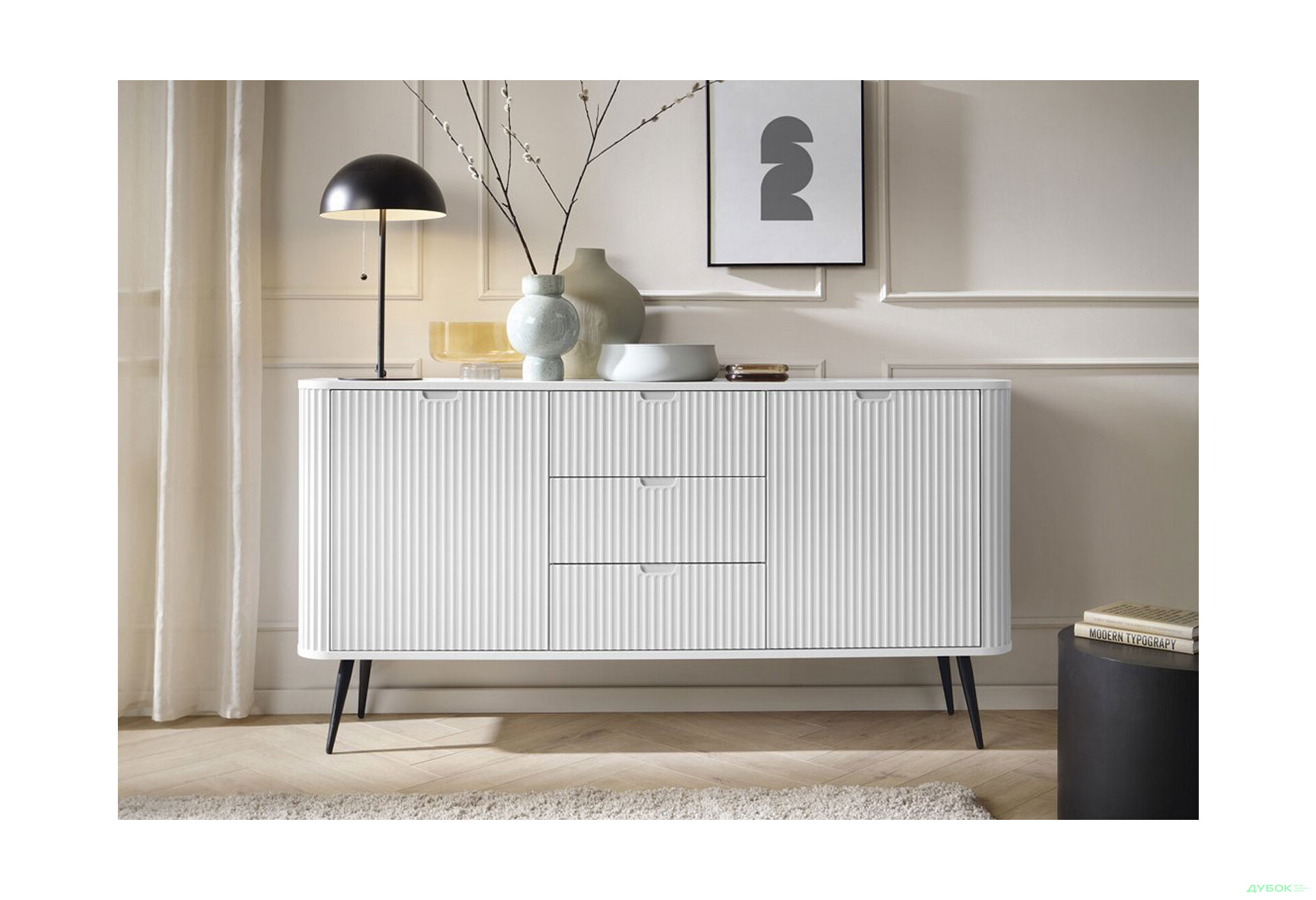 Комод Perfect Home Зова / Zova 2-дверний з 3 шухлядами 168 см, білий, чорні ніжки - Зображення 4 Зображення 4 - Комод Perfect Home Зова / Zova 2-дверний з 3 шухлядами 168 см, білий, чорні ніжки