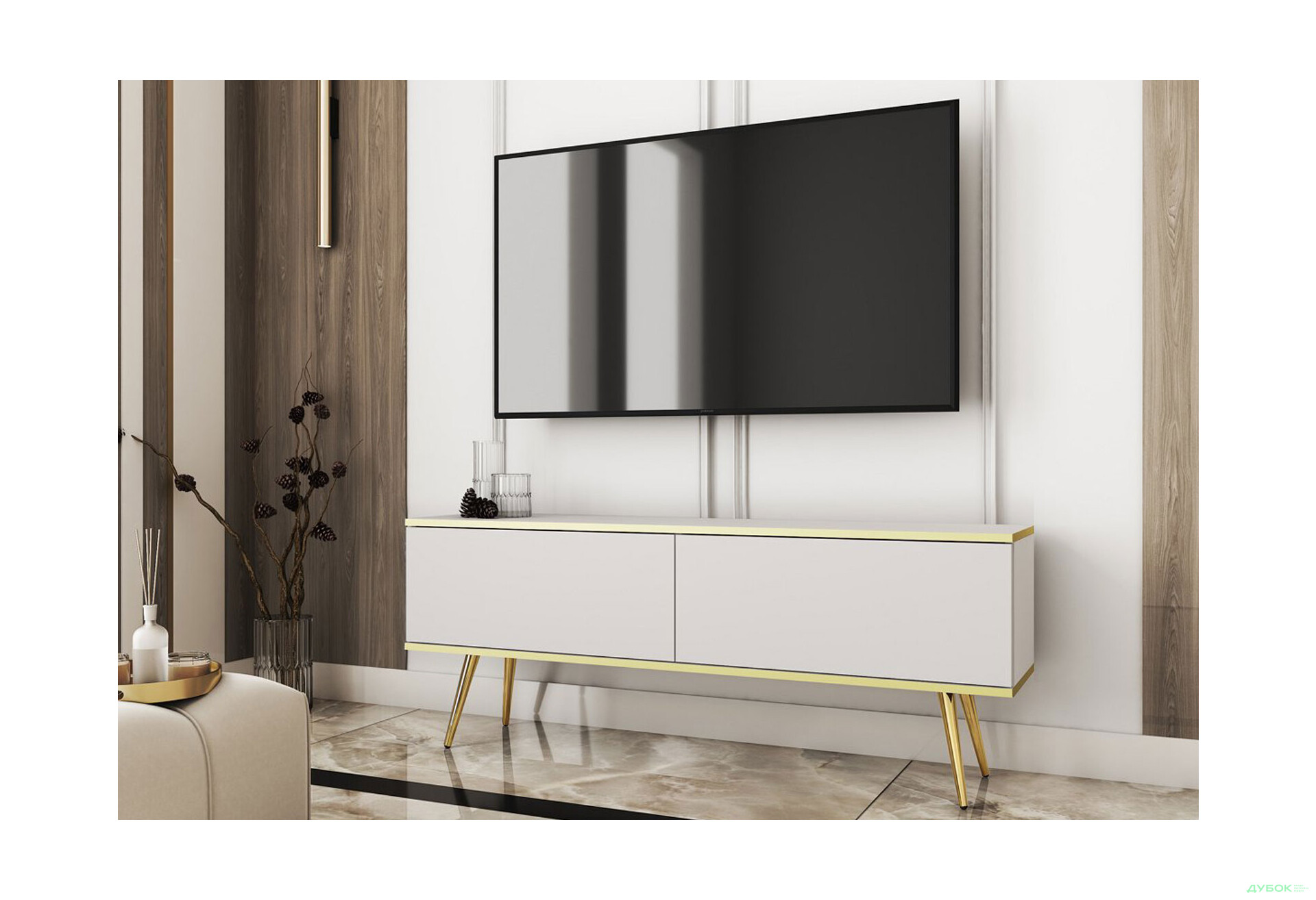 Тумба під ТВ Perfect Home Оро / Oro з 2 дверками 135 см, білий, золоті ніжки - Зображення 2 Зображення 2 - Тумба під ТВ Perfect Home Оро / Oro з 2 дверками 135 см, білий, золоті ніжки