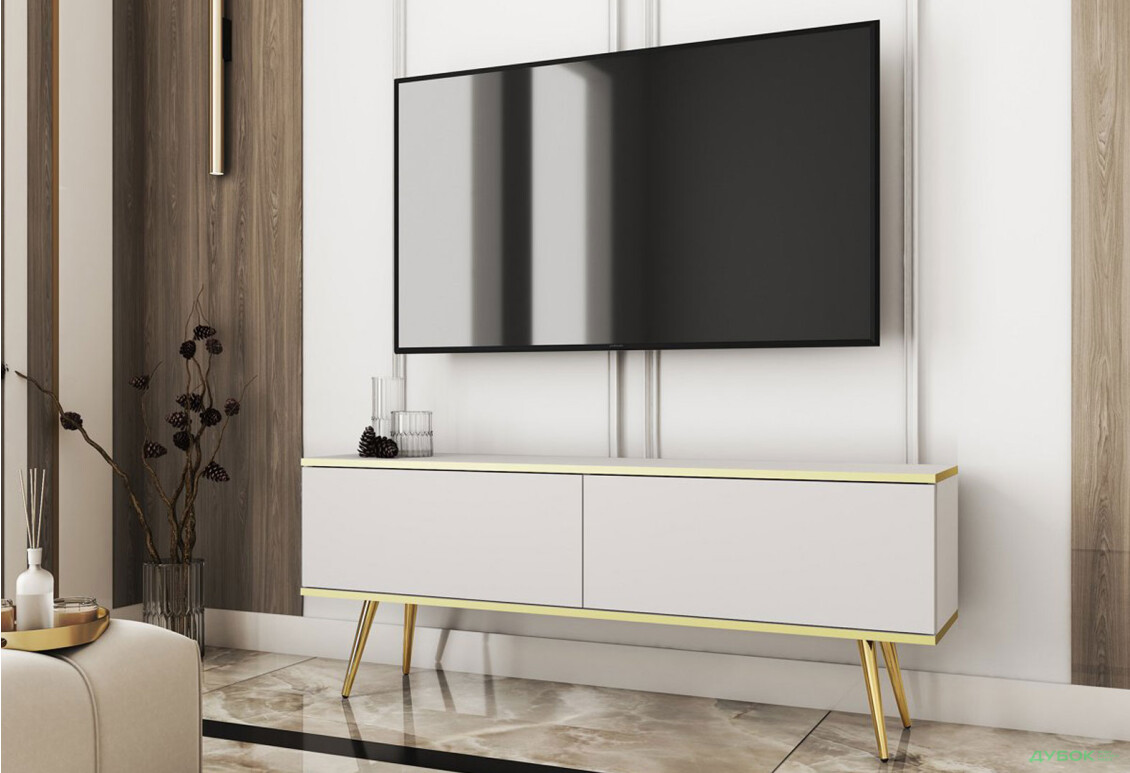 Тумба під ТВ Perfect Home Оро / Oro з 2 дверками 135 см, білий, золоті ніжки - Зображення 2 Зображення 2 - Тумба під ТВ Perfect Home Оро / Oro з 2 дверками 135 см, білий, золоті ніжки
