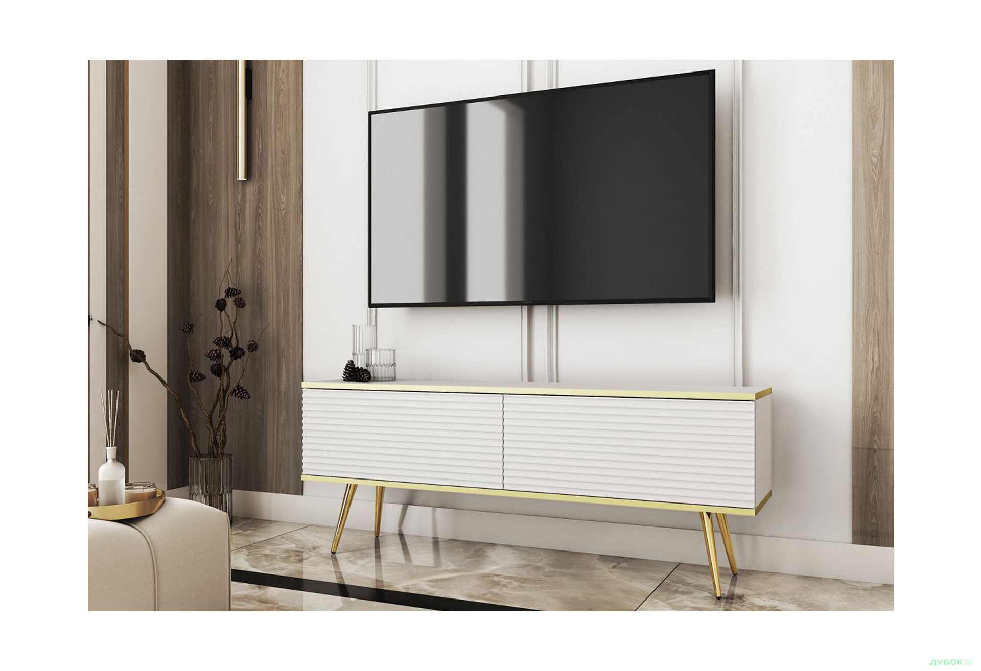 Тумба під ТВ Perfect Home Оро / Oro MDF з 2 дверками 135 см, білий, золоті ніжки - Зображення 2 Зображення 2 - Тумба під ТВ Perfect Home Оро / Oro MDF з 2 дверками 135 см, білий, золоті ніжки