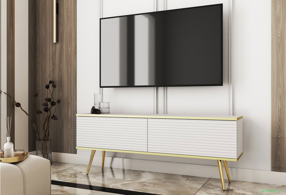 Зображення 2 - Тумба під ТВ Perfect Home Оро / Oro MDF з 2 дверками 135 см, білий, золоті ніжки
