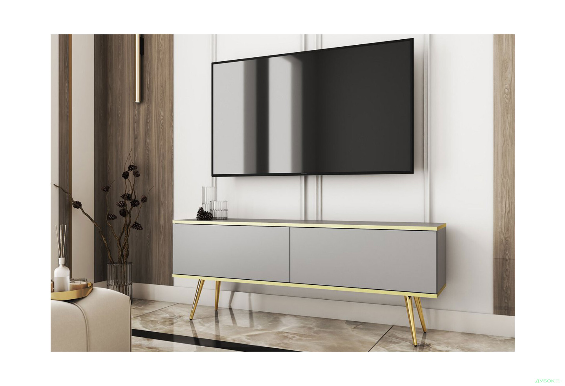 Тумба под ТВ Perfect Home Оро / Oro с 2 дверками 135 см, серый, золотые ножки - Изображение 2 Изображение 2 - Тумба под ТВ Perfect Home Оро / Oro с 2 дверками 135 см, серый, золотые ножки