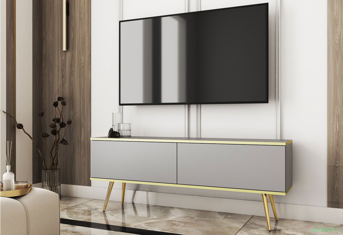 Изображение 2 - Тумба под ТВ Perfect Home Оро / Oro с 2 дверками 135 см, серый, золотые ножки