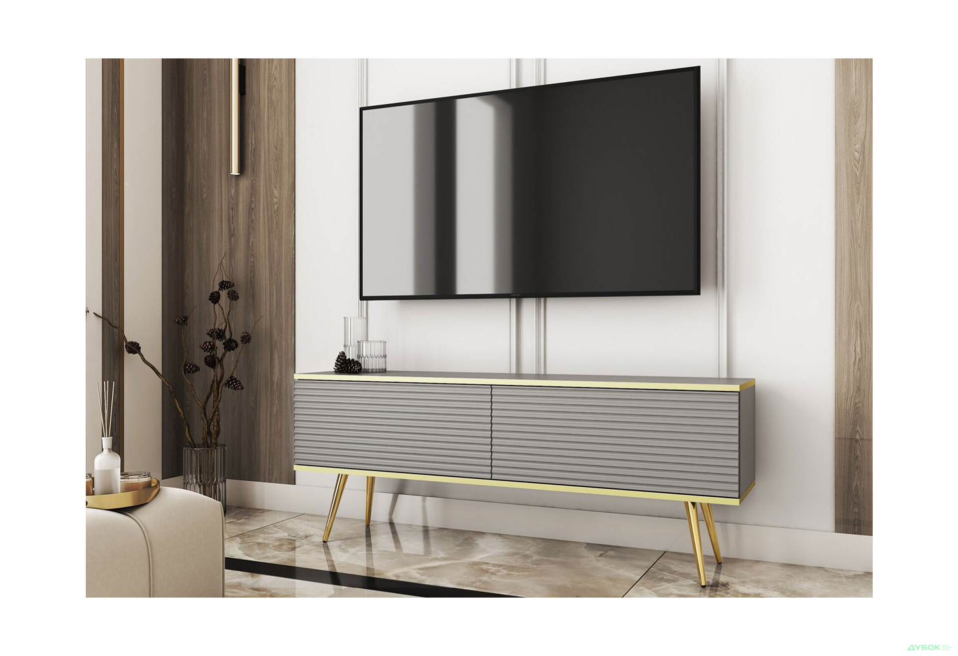 Тумба під ТВ Perfect Home Оро / Oro MDF з 2 дверками 135 см, сірий, золоті ніжки - Зображення 2 Зображення 2 - Тумба під ТВ Perfect Home Оро / Oro MDF з 2 дверками 135 см, сірий, золоті ніжки