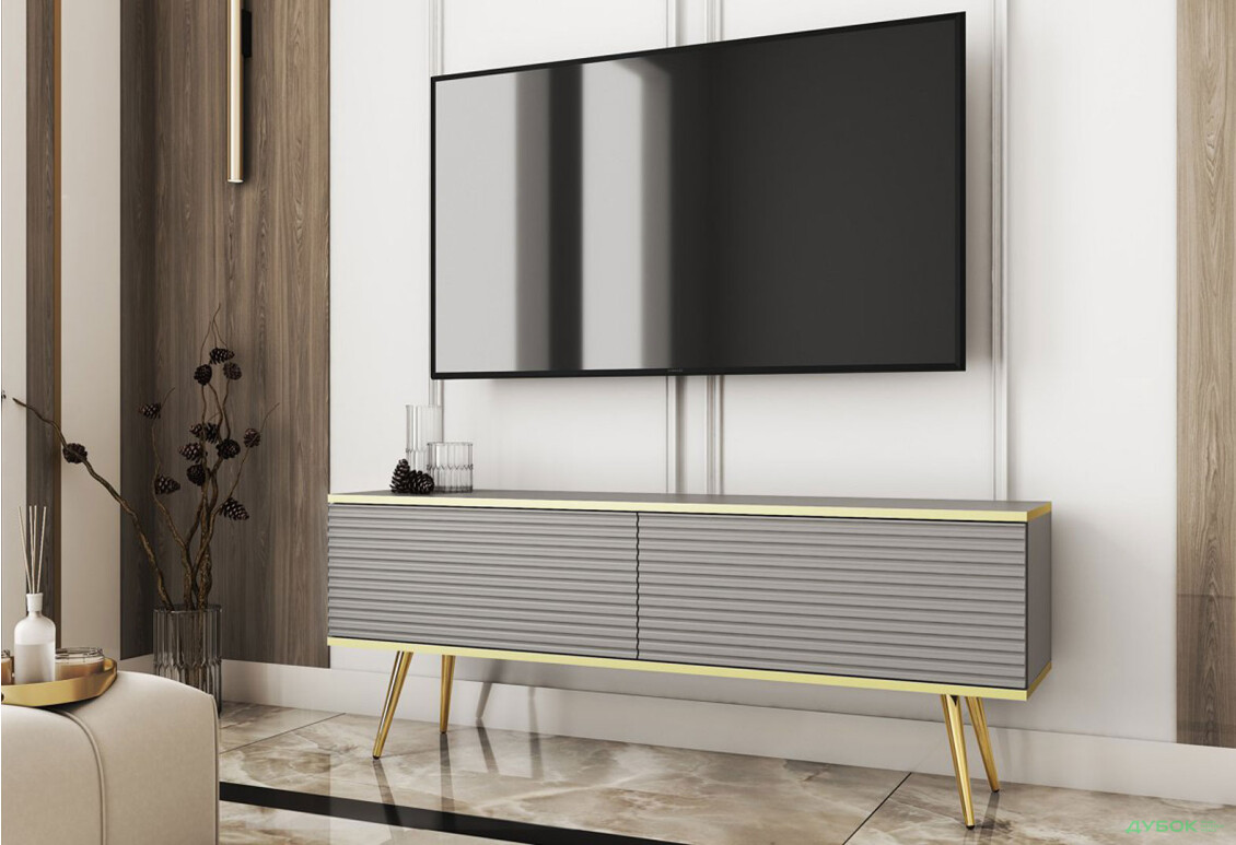 Тумба під ТВ Perfect Home Оро / Oro MDF з 2 дверками 135 см, сірий, золоті ніжки - Зображення 2 Зображення 2 - Тумба під ТВ Perfect Home Оро / Oro MDF з 2 дверками 135 см, сірий, золоті ніжки